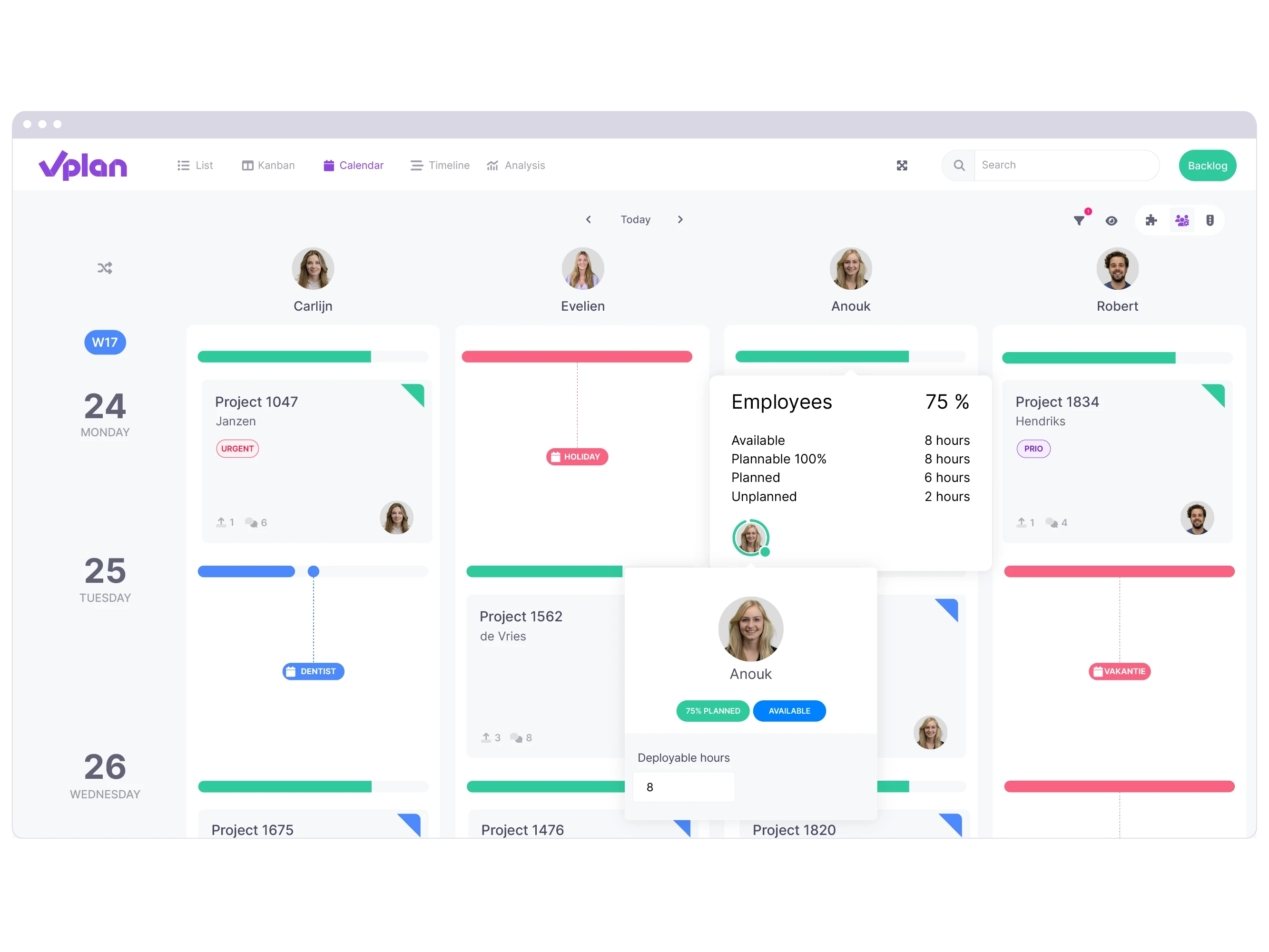 Calendar view in vPlan providing insight into available capacity and employee absence.