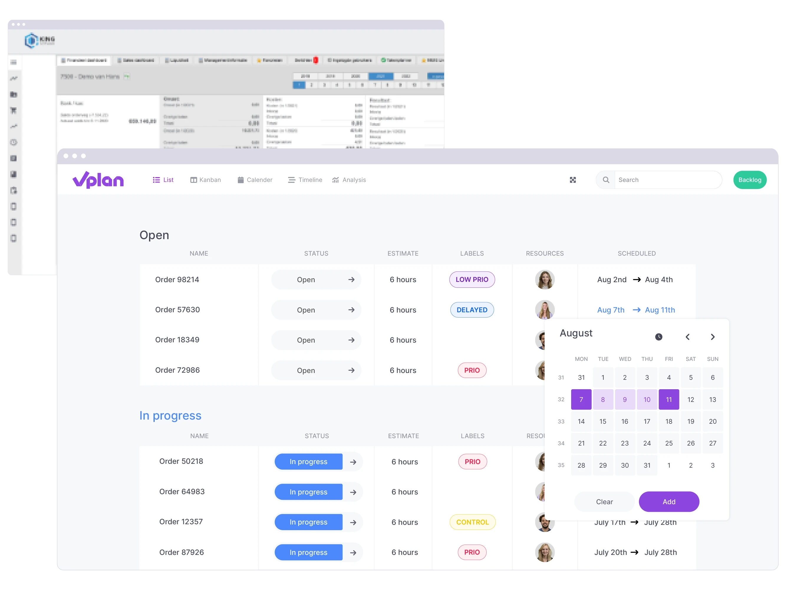 List view in vPlan alongside an overview of an order in King Business Software.