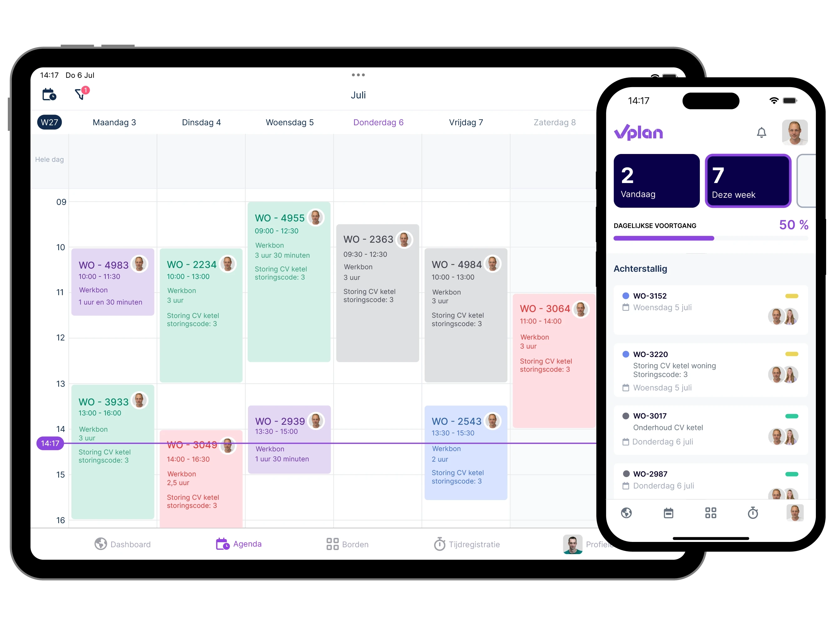 Tablet met de agenda weergave van vPlan. Daarbij de dashboard van vPlan op een telefoon.
