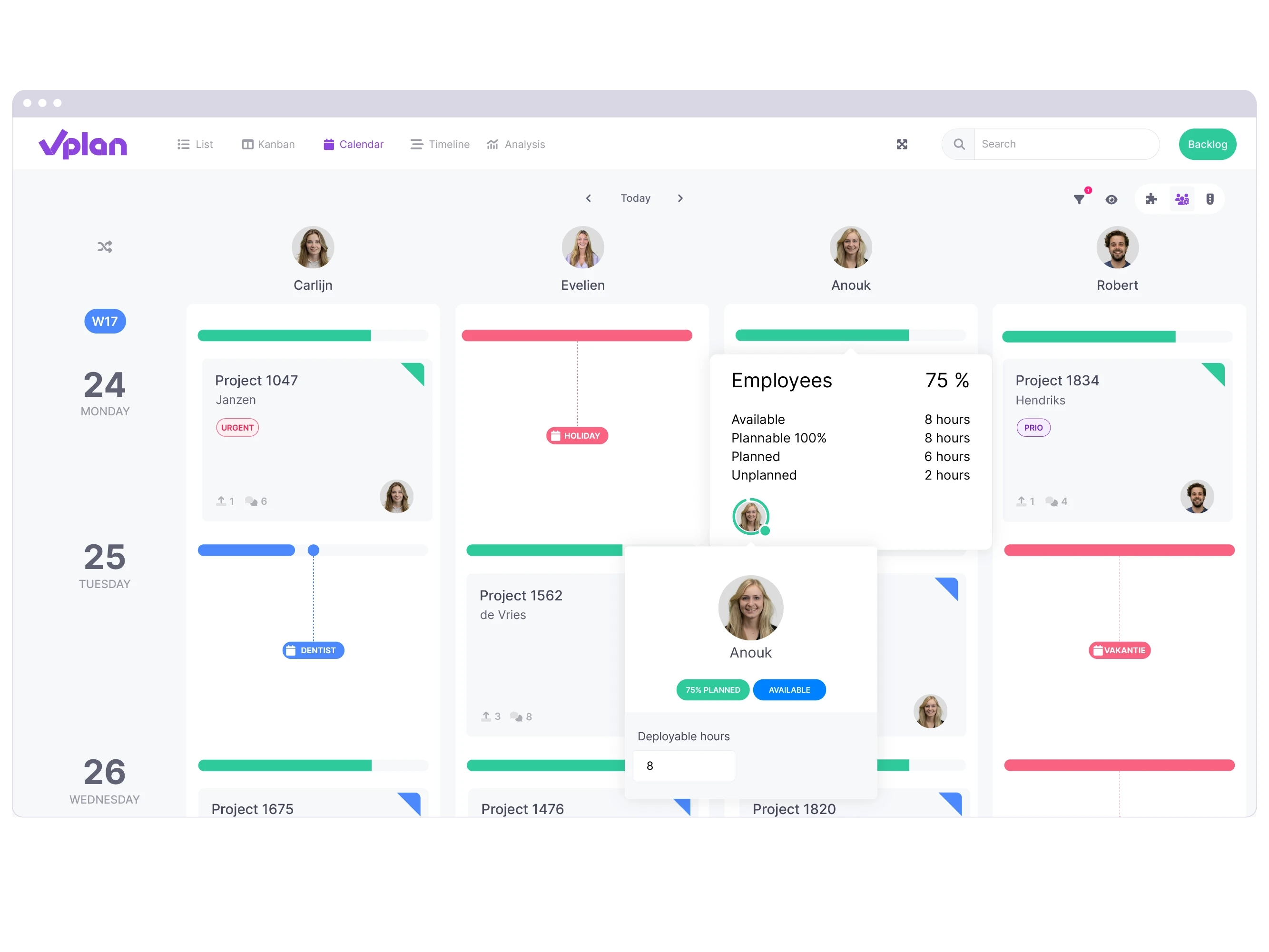 Calendar view in vPlan providing insight into available capacity and employee absence.