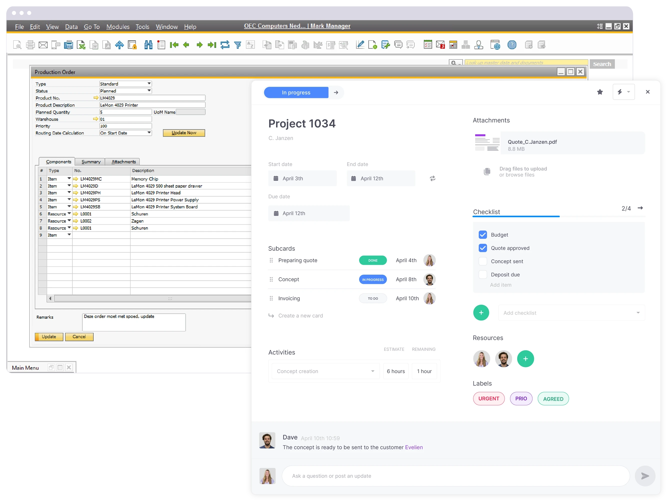 An order imported directly from SAP to vPlan, displaying all information in a card.