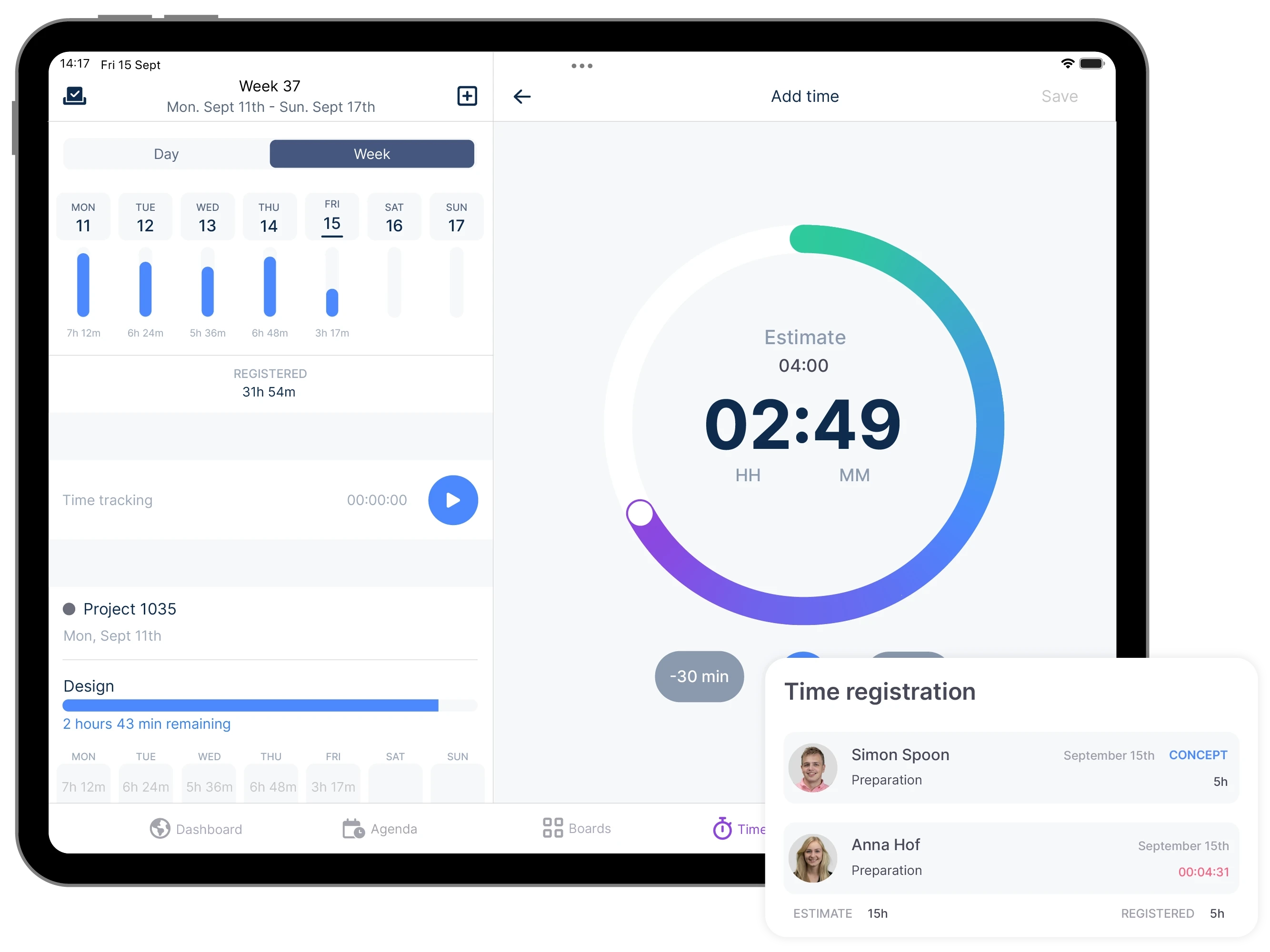 vPlan app on the tablet displaying manual time registration alongside registered hours for the week. Additionally, a time tracking element.