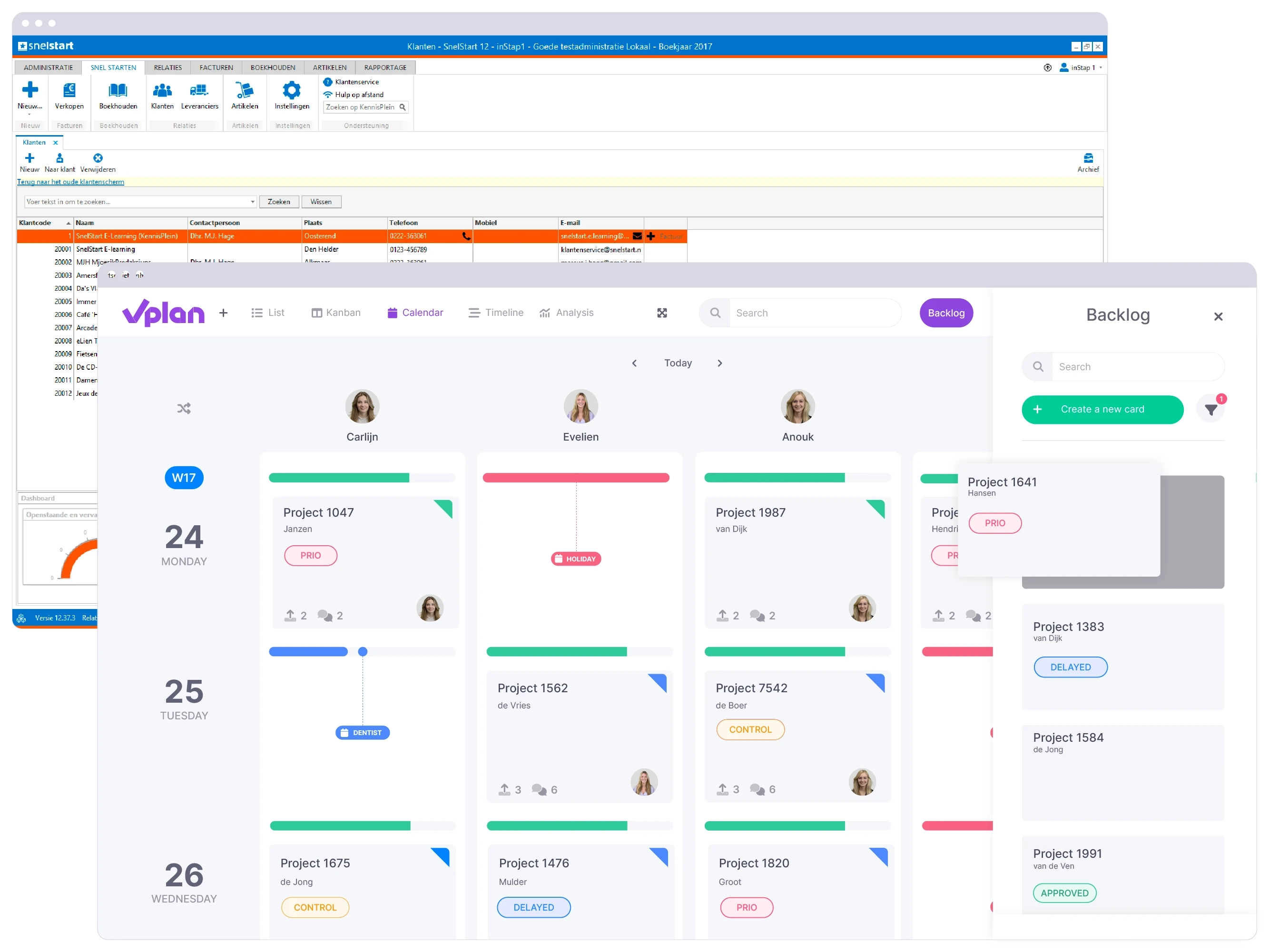 Calendar view in vPlan, featuring projects from SnelStart, providing insight into available capacity and employee absence.