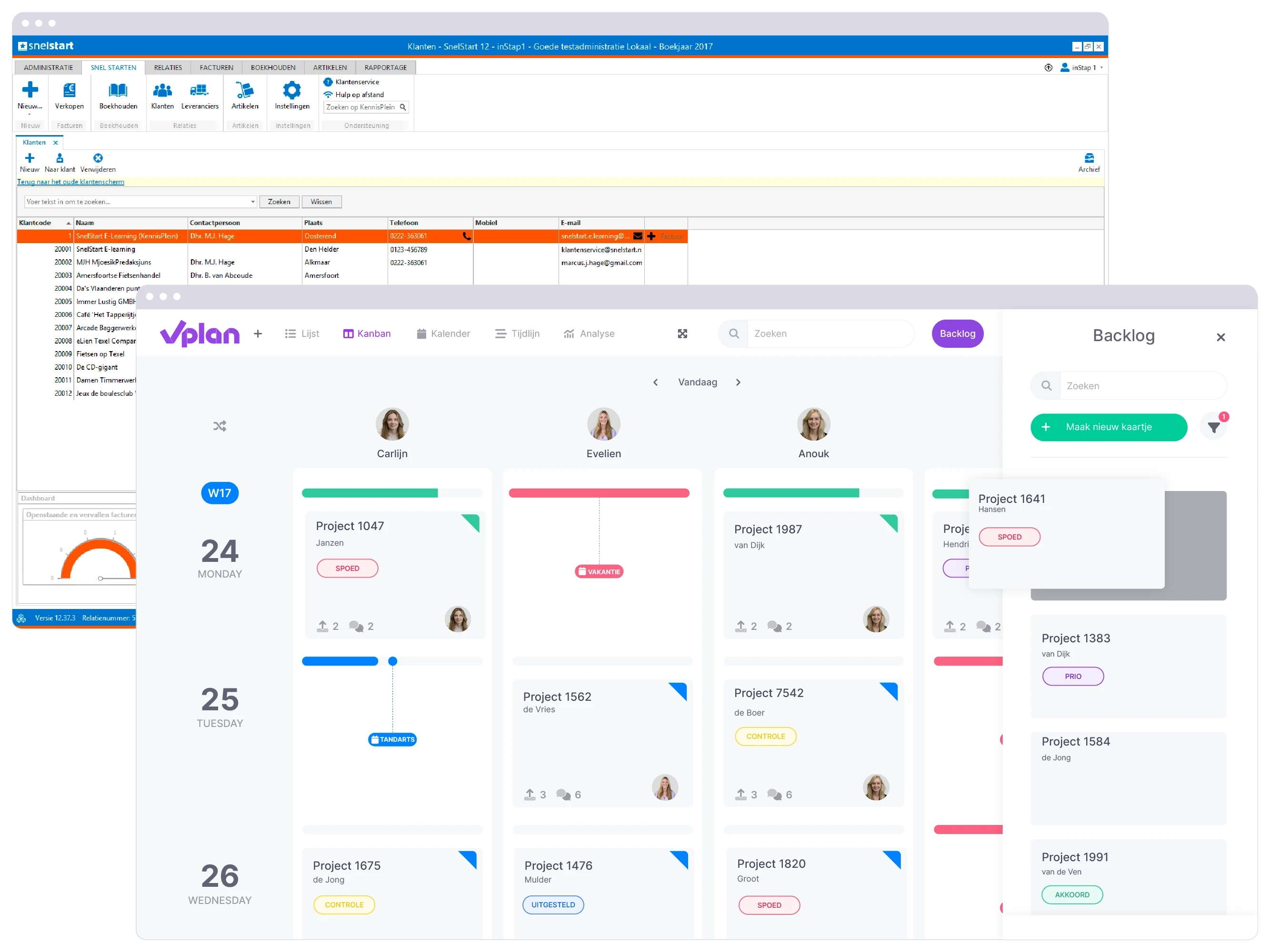 Kanban weergave van vPlan, met projecten vanuit SnelStart, die inzicht geeft in de beschikbare capaciteit en afwezigheid van medewerkers.