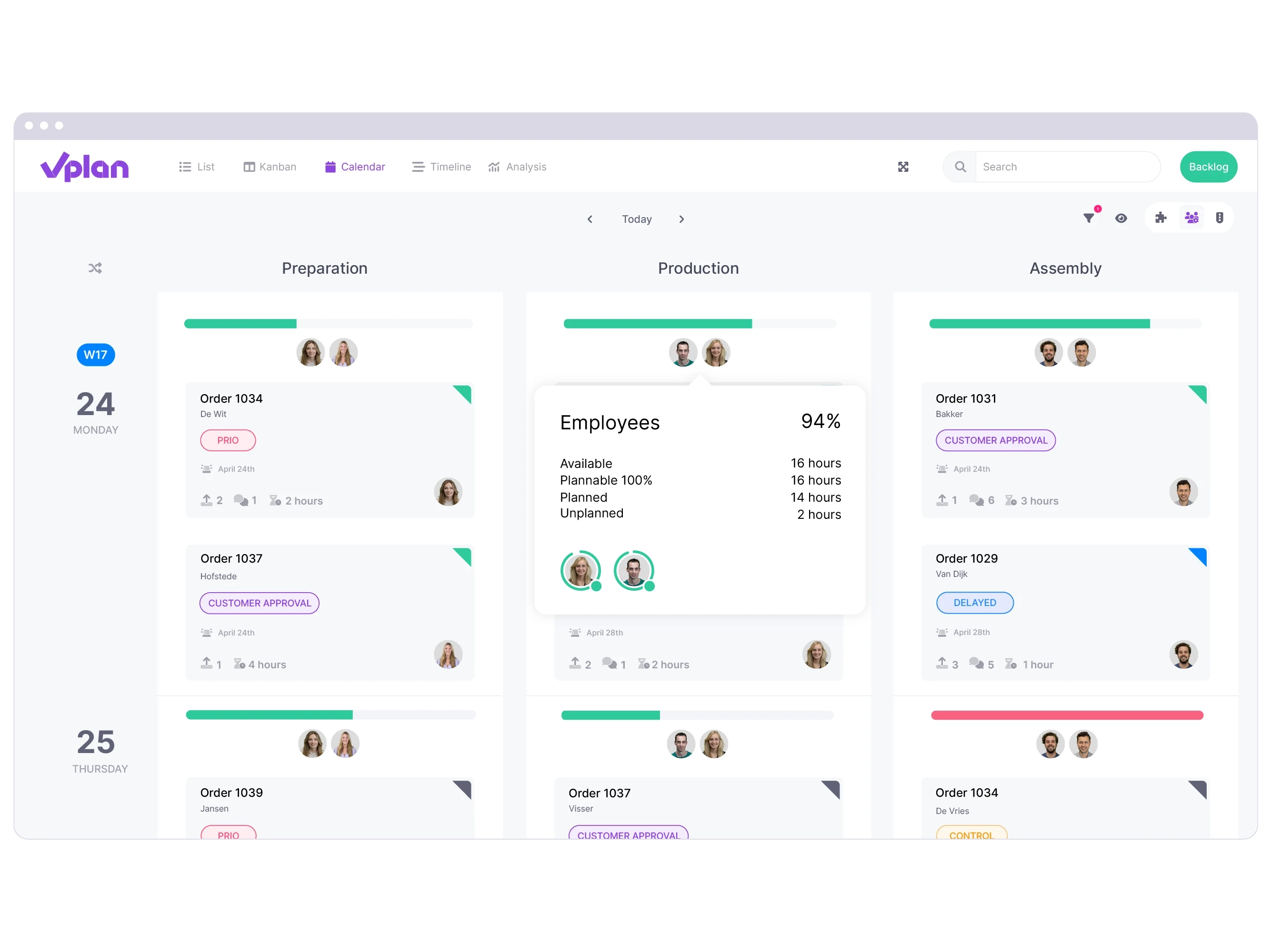 Calendar view in vPlan showing the available capacity of employees.