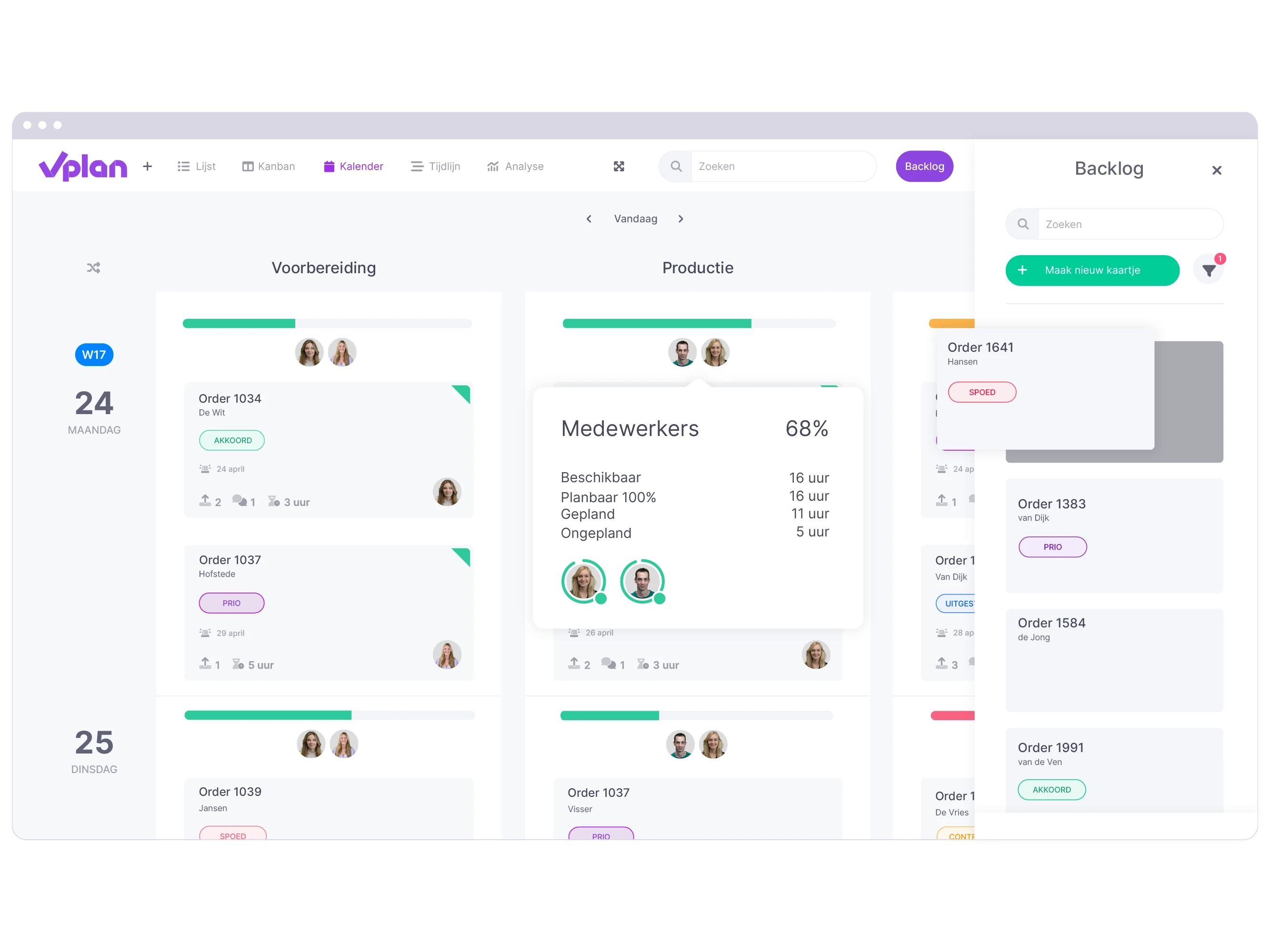 Kalender weergave van vPlan die de beschikbare capaciteit van medewerkers toont.