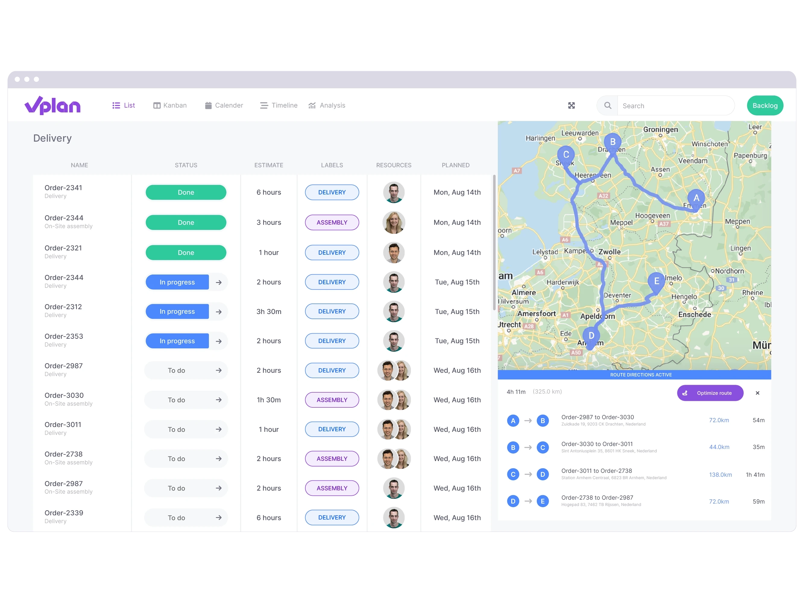 List view in vPlan for delivery and assembly of orders, including an optimized route for delivery in maps.