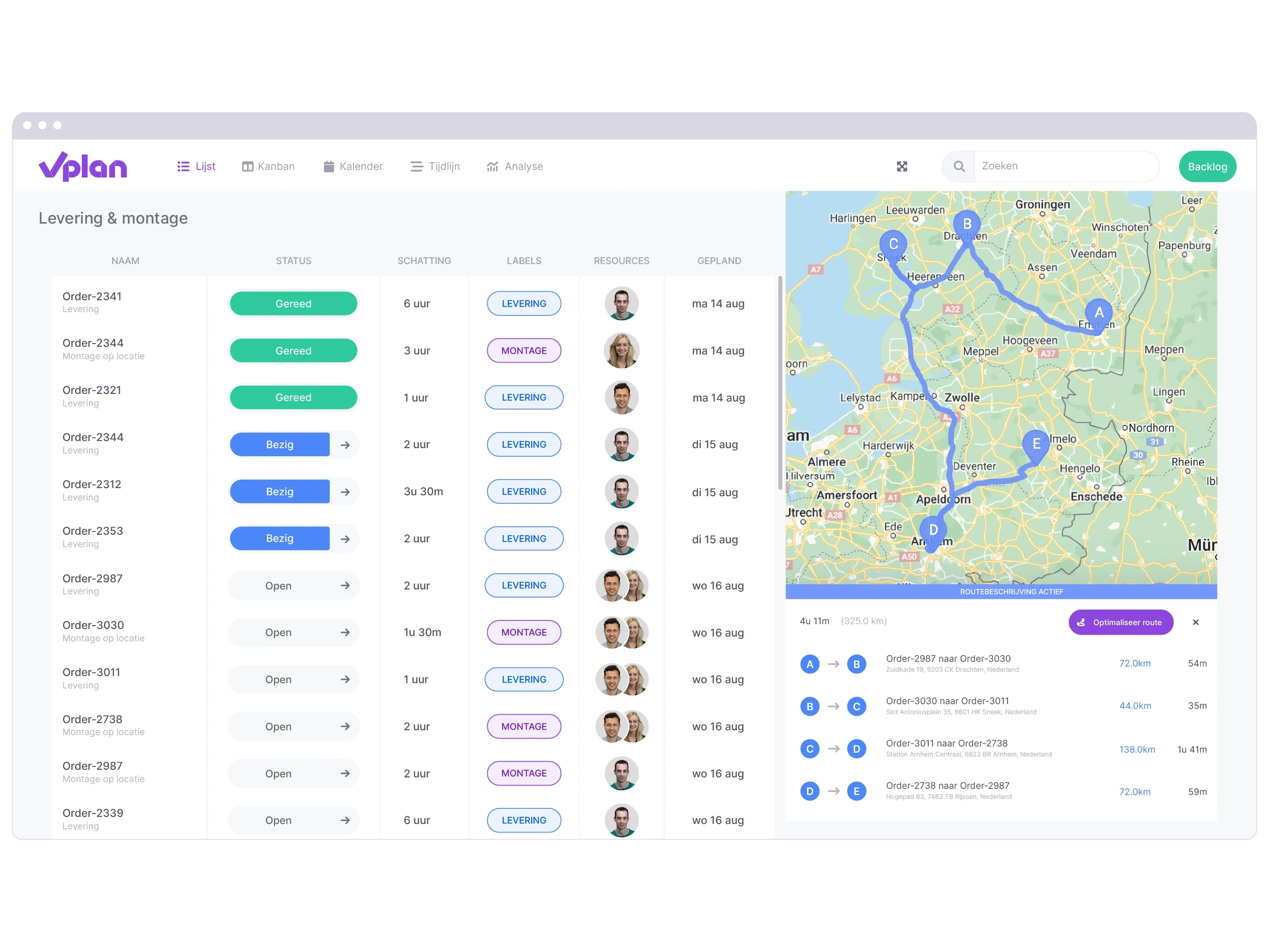 Lijst weergave van vPlan voor levering en montage van orders met daarbij een geoptimaliseerde route voor levering in maps.