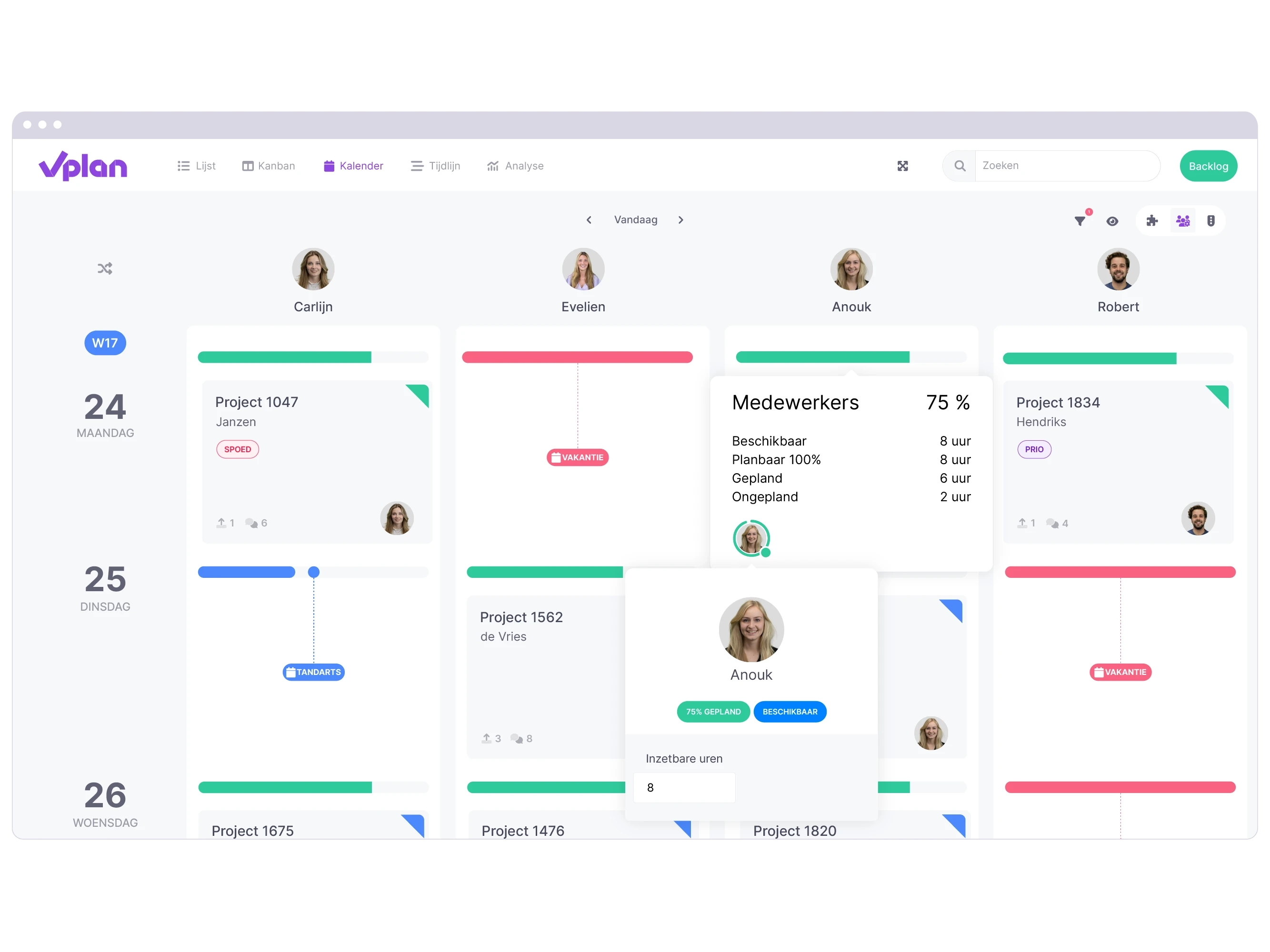 Kanban weergave van vPlan die inzicht geeft in de beschikbare capaciteit en afwezigheid van medewerkers.