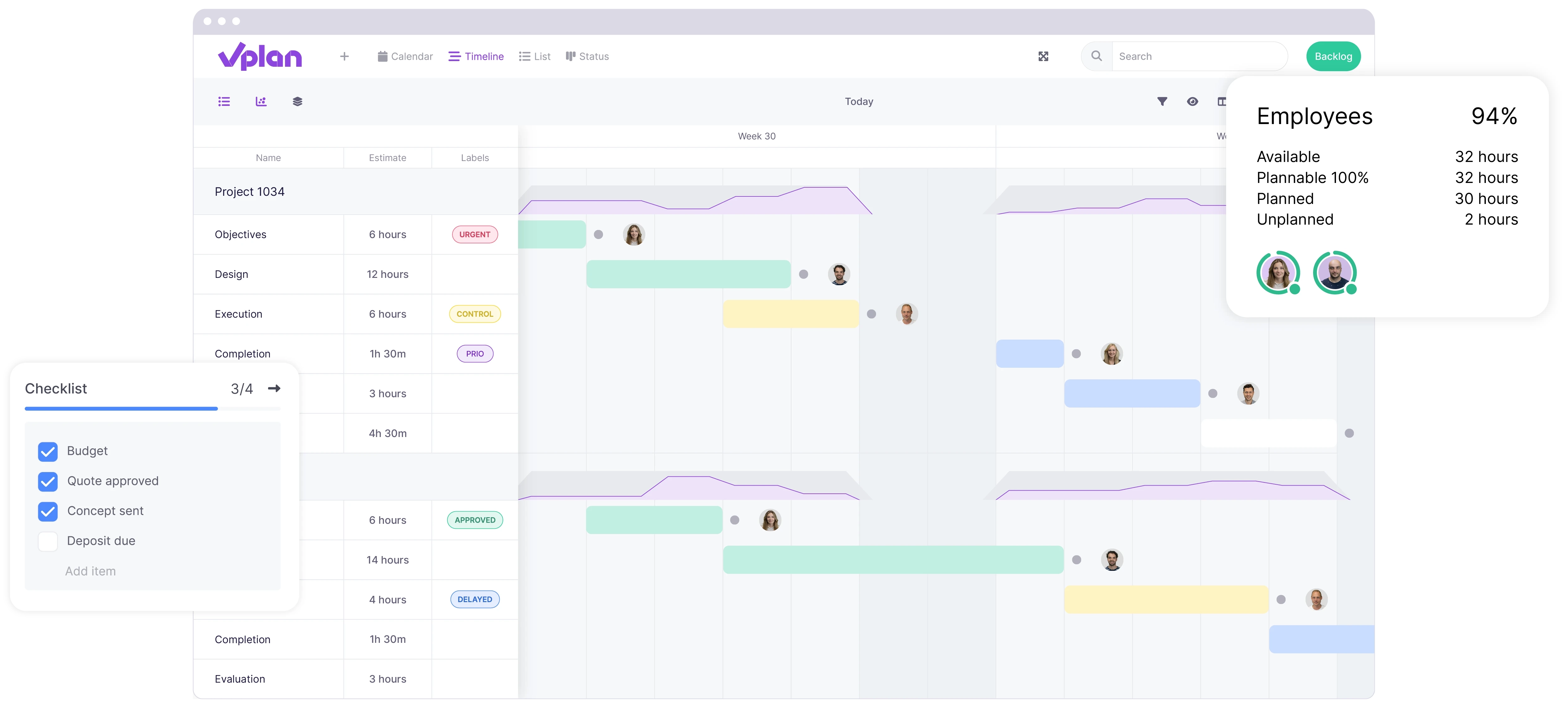 vPlan Planning: A timeline view with a time registration element. In the timeline important information is available like the linked resources.