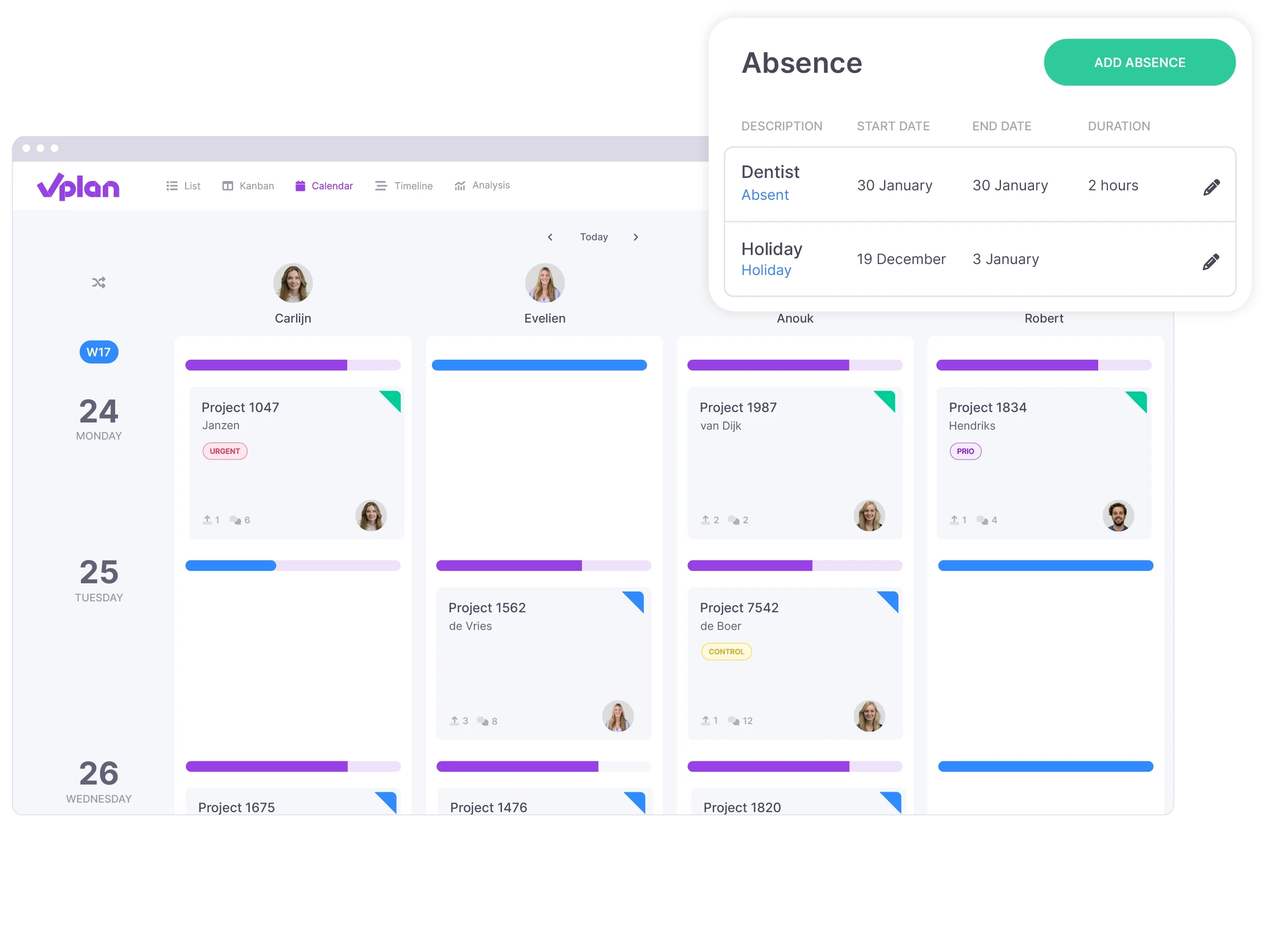 vPlan Planning: A calendar view in vPlan providing an overview of employee absences, including a separate element for recording absences.