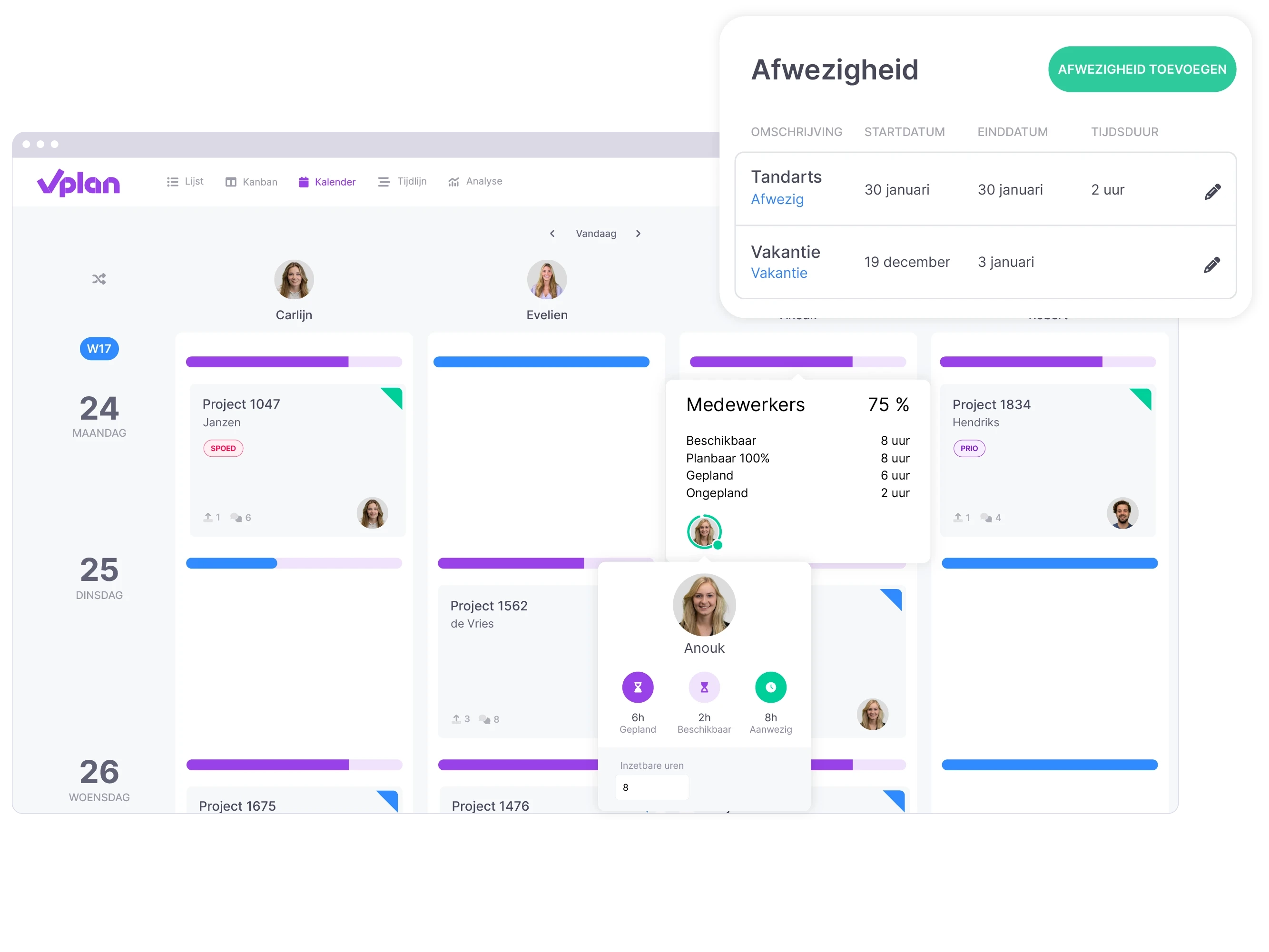 vPlan Planning: Een kalenderweergave in vPlan met een overzicht van afwezigheid. Inclusief een los element voor het registreren van afwezigheid.