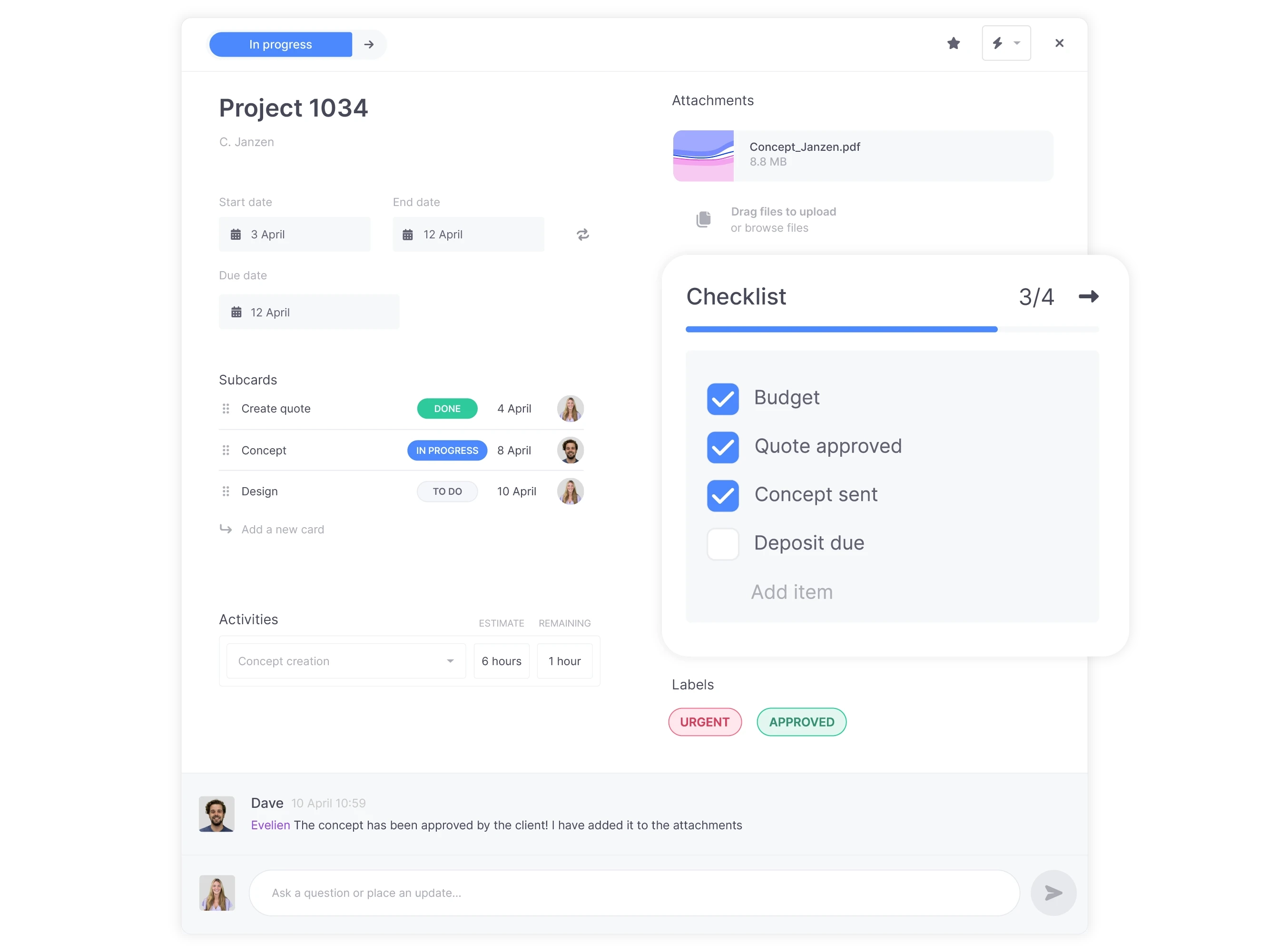 vPlan Design: A task card displaying all the information for a project design, complete with a checklist.