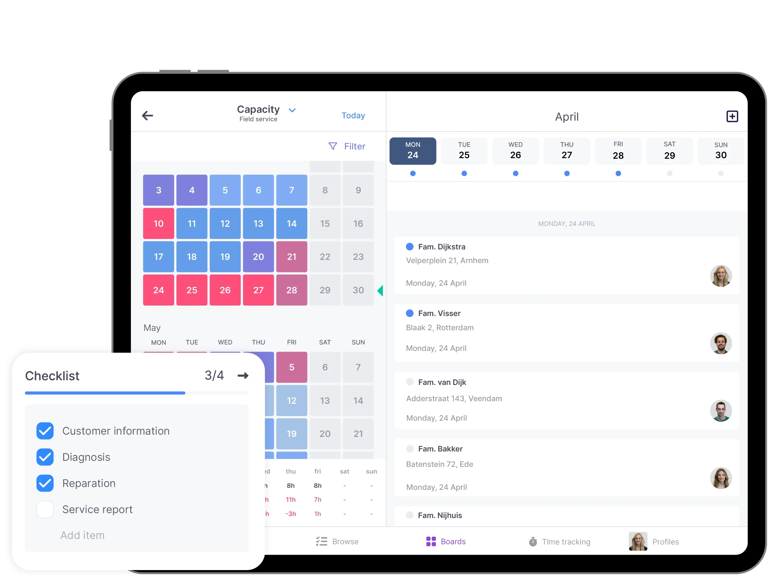 vPlan Field Service: Tablet showing a capacity view, providing insights into tasks and available capacity, alongside a checklist.