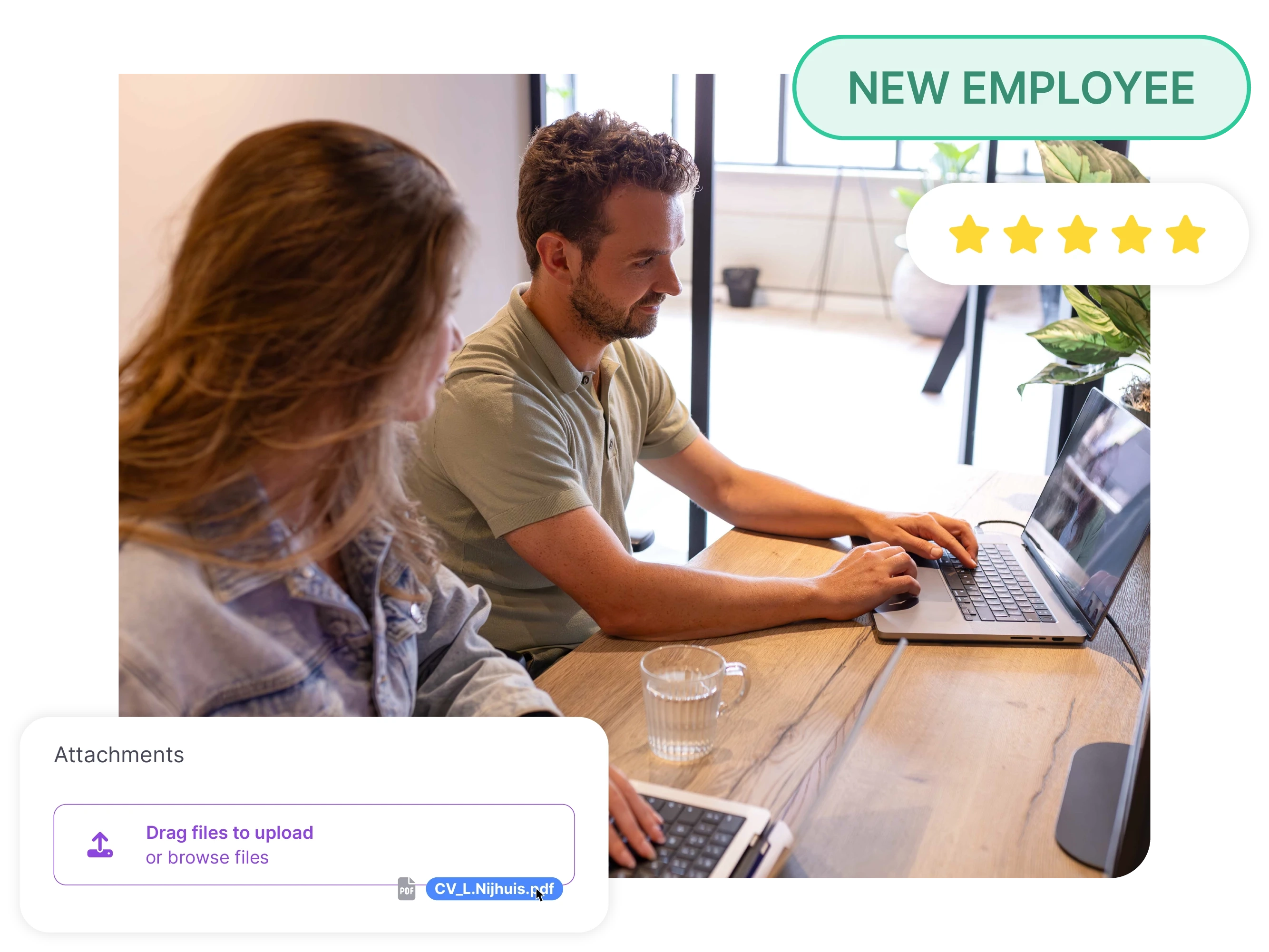 vPlan HR: A new employee observing a colleague, with an attachment, a new employee label, and five stars.