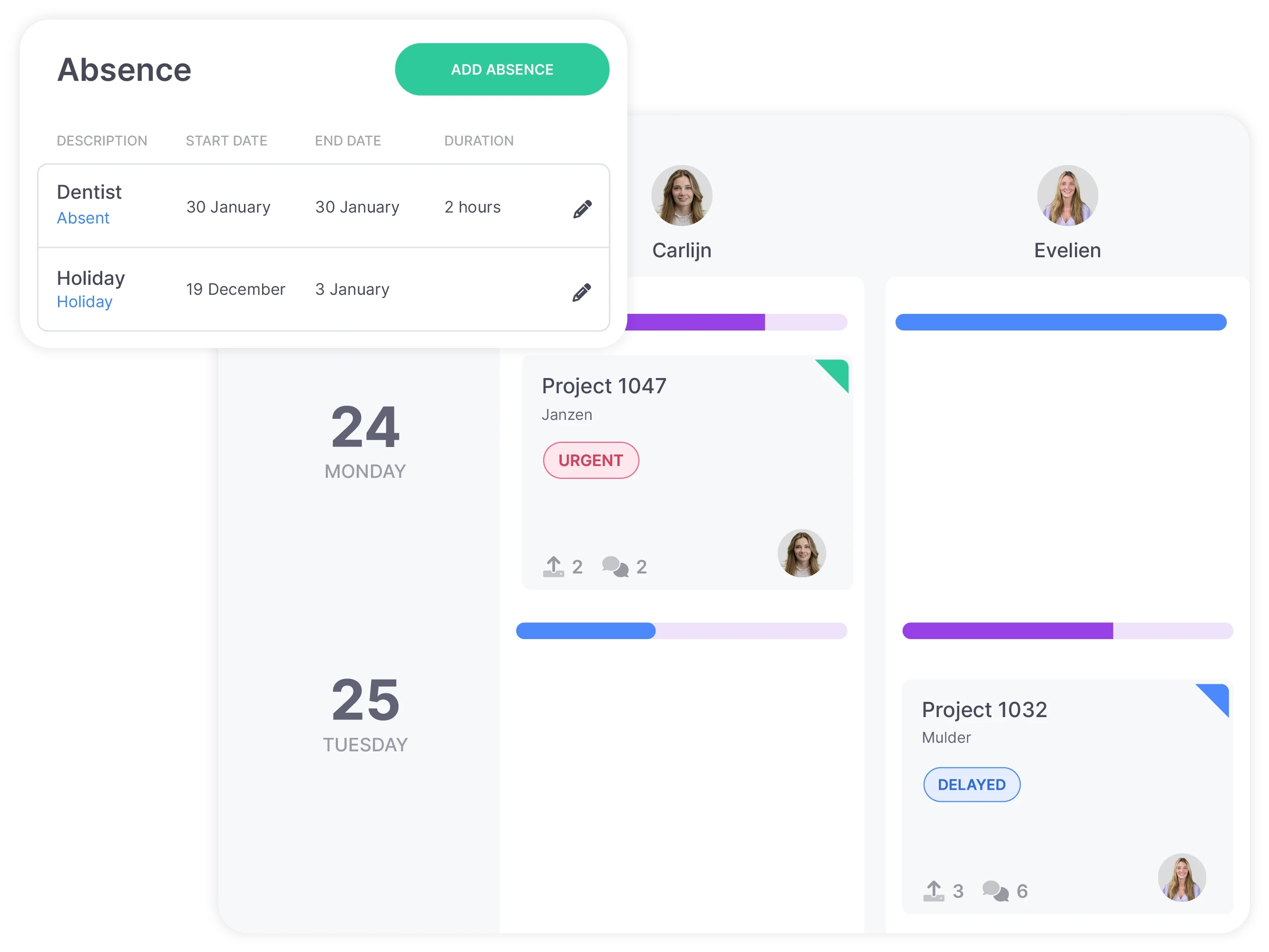 vPlan HR: A zoomed-in view of the Kanban board at the resource level, providing insight into the leave status of all employees.