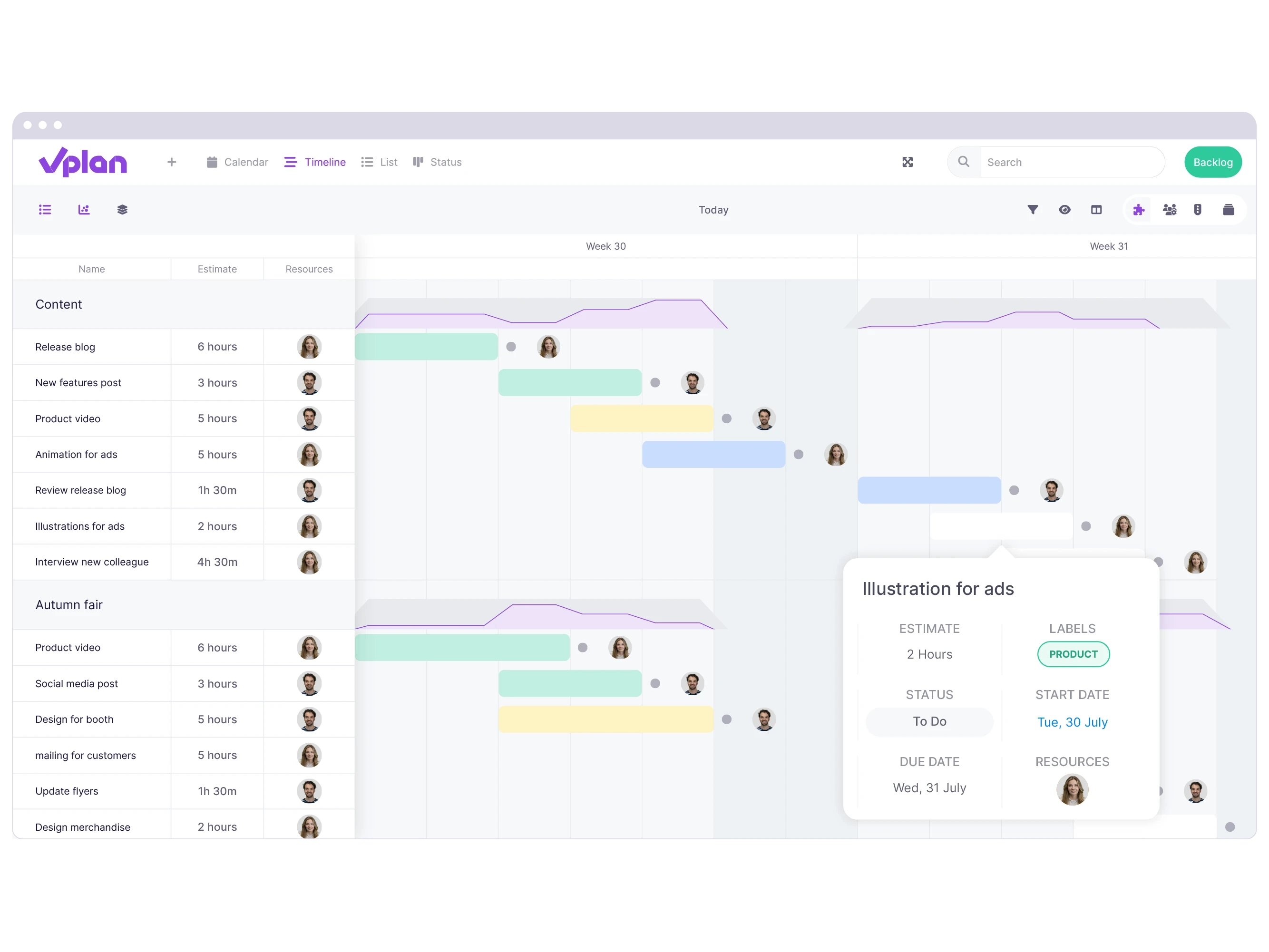 vPlan Marketing: A marketing plan in the timeline view for insight into long-term projects.