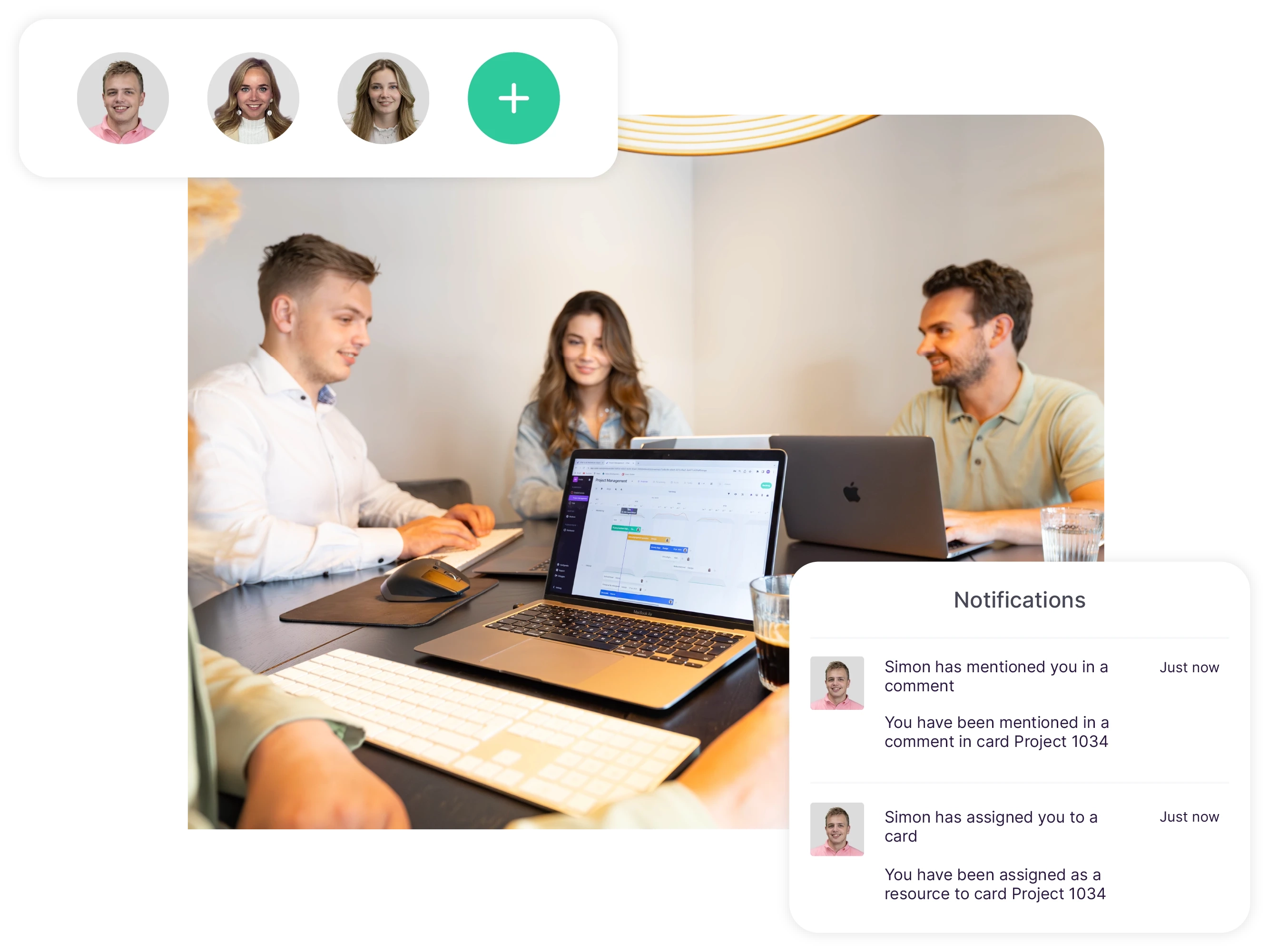 vPlan Project management: Timeline view for project management on a laptop. Team members collaborating around a table for project management.