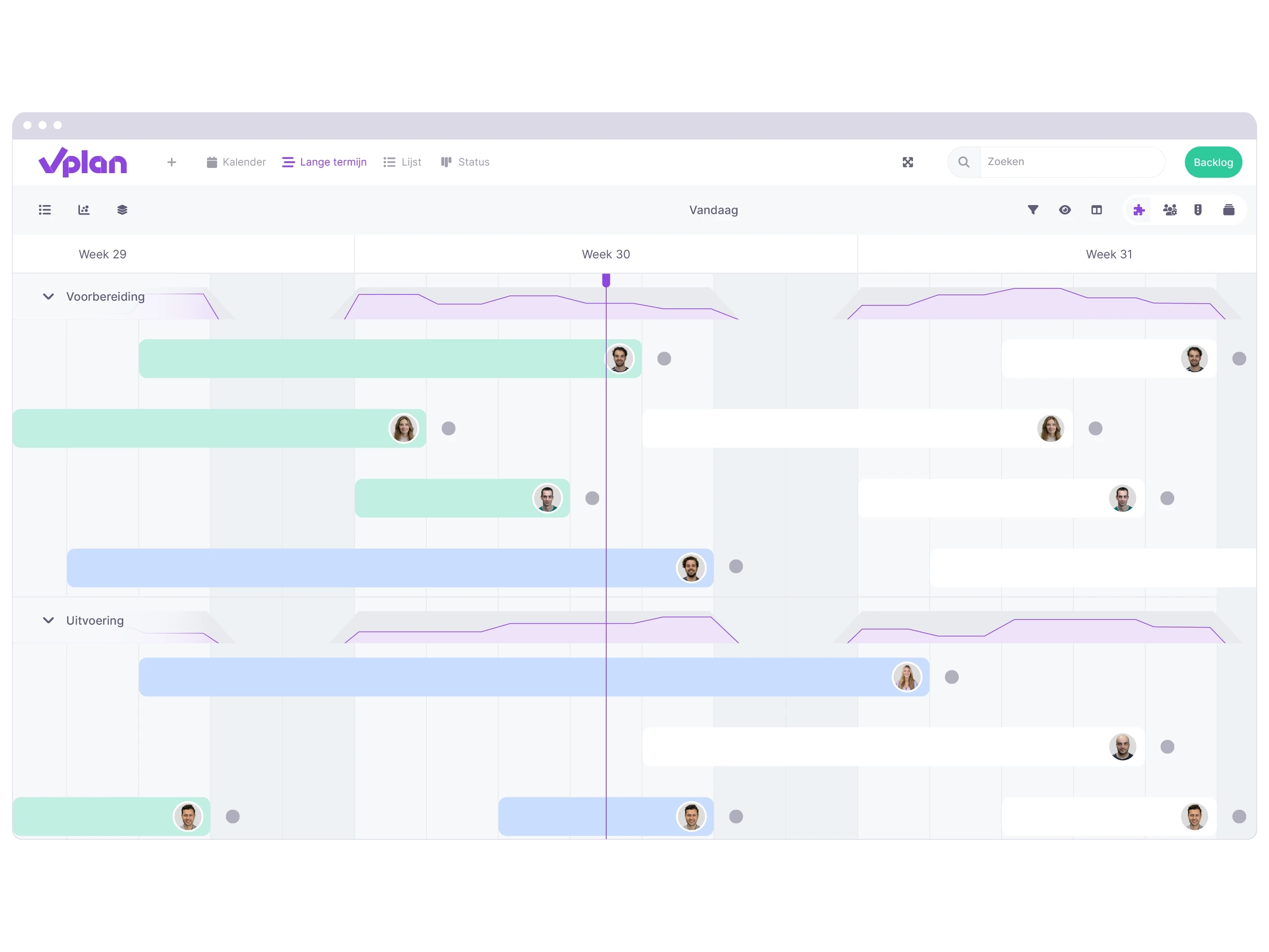 vPlan Projectmanagement: Tijdlijn planning waarin duidelijk de tijdsduur van taken wordt aangegeven, met een overzicht van alle deadlines.