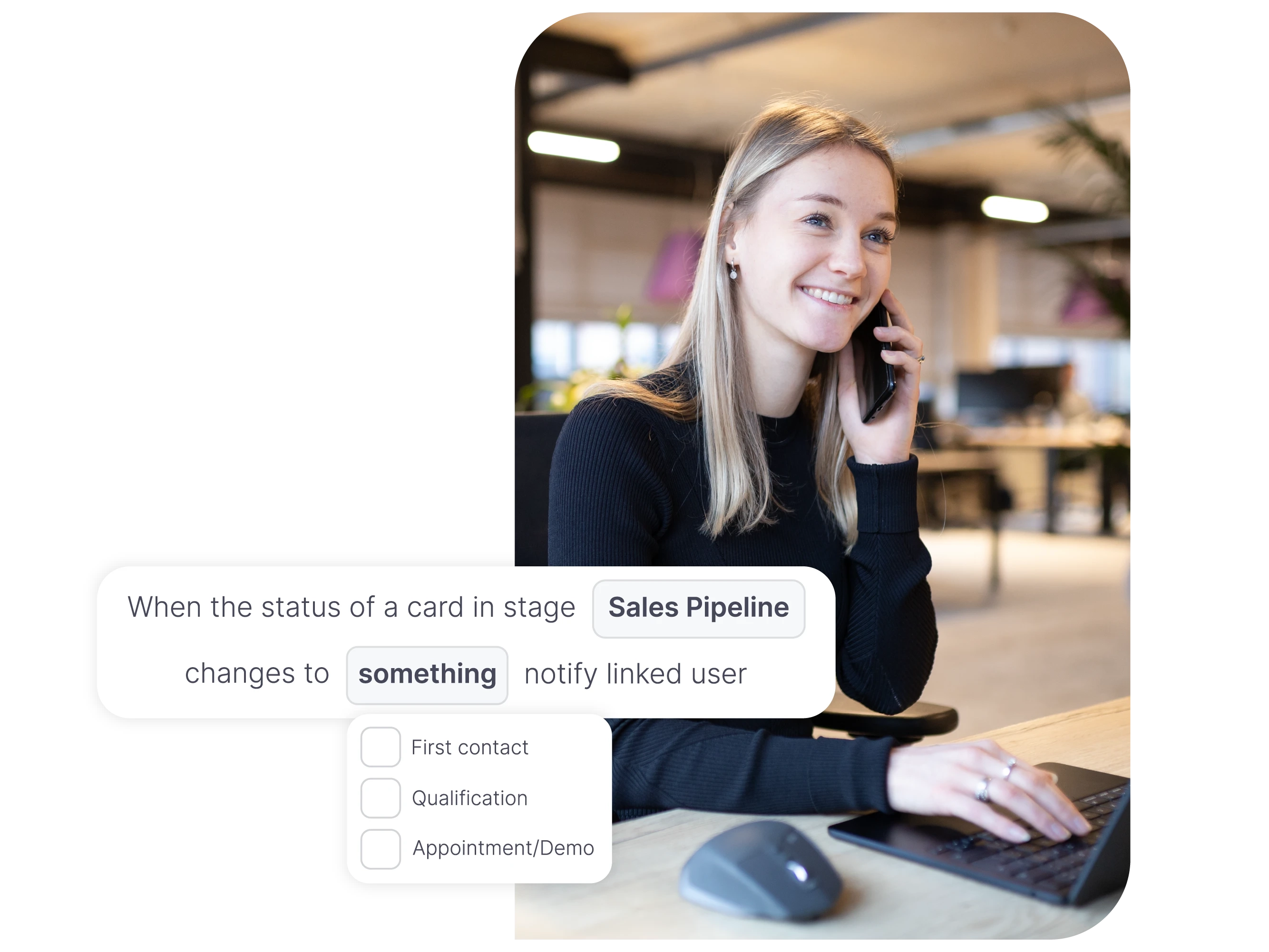 vPlan Sales: A sales employee on the phone, with an automation notifying a staff member when a status changes.