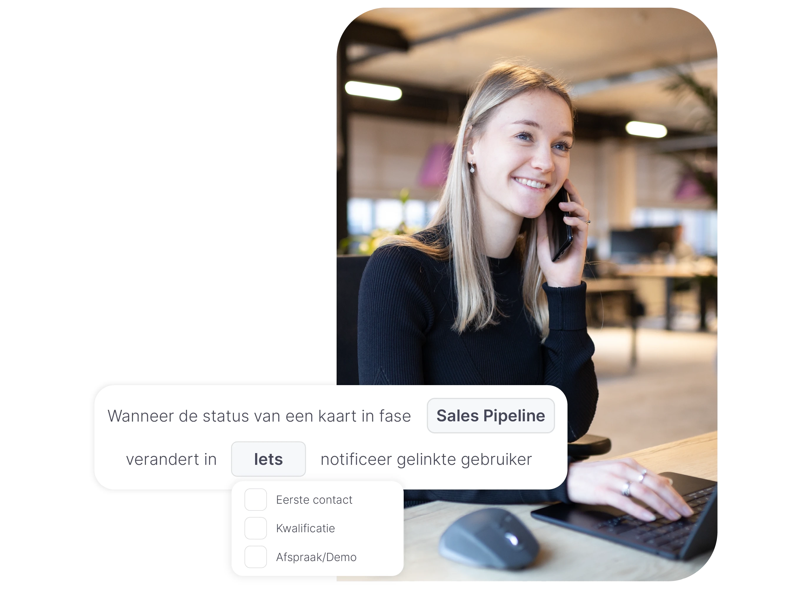 vPlan sales: Een afbeelding van een salesmedewerker die aan het bellen is. Daarbij een automatisering die een medewerker notificeert wanneer er een status verandert.