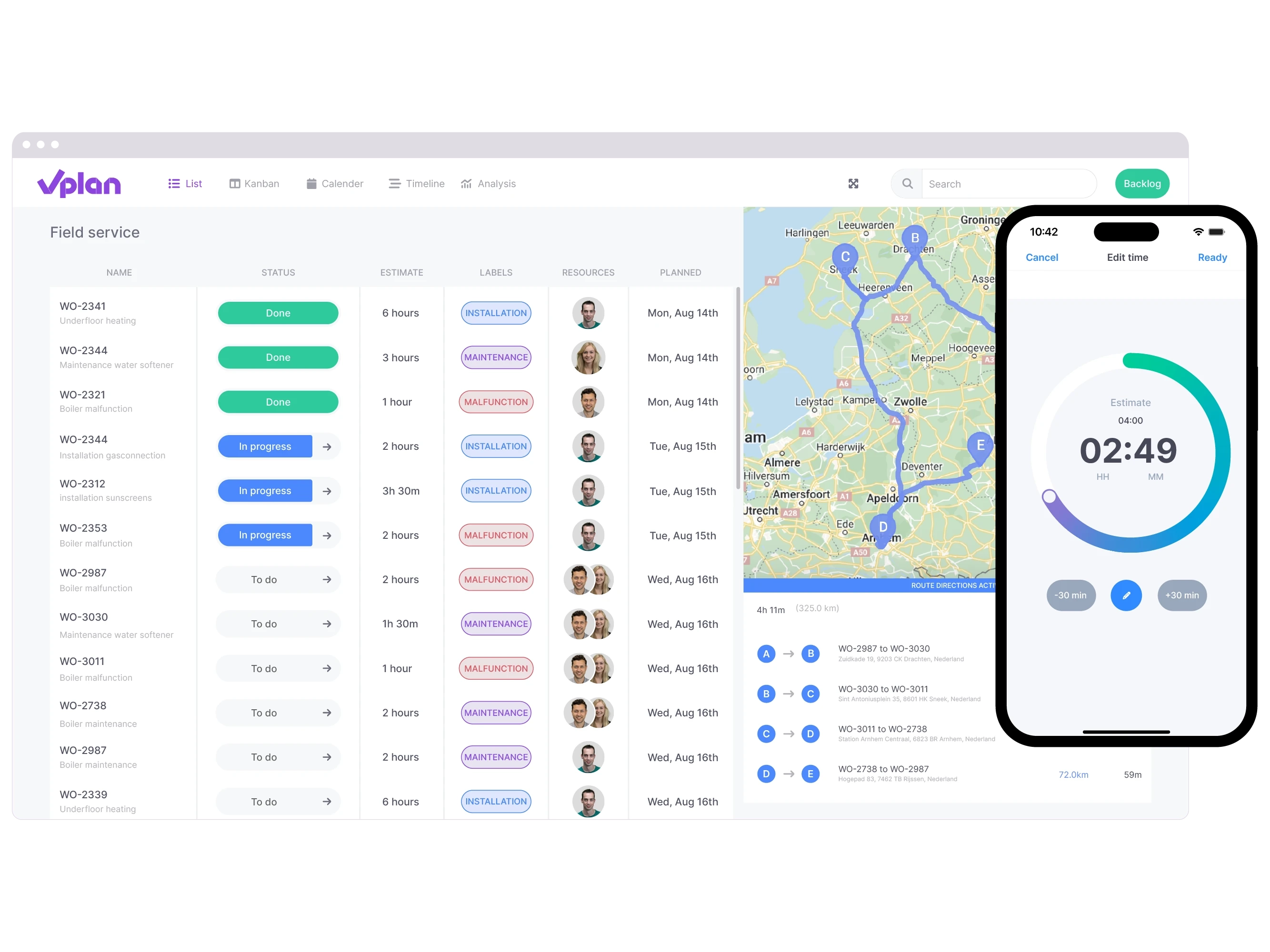 vPlan Track: A list view in vPlan used for field service planning, with the vPlan app on a phone displaying manual time tracking.