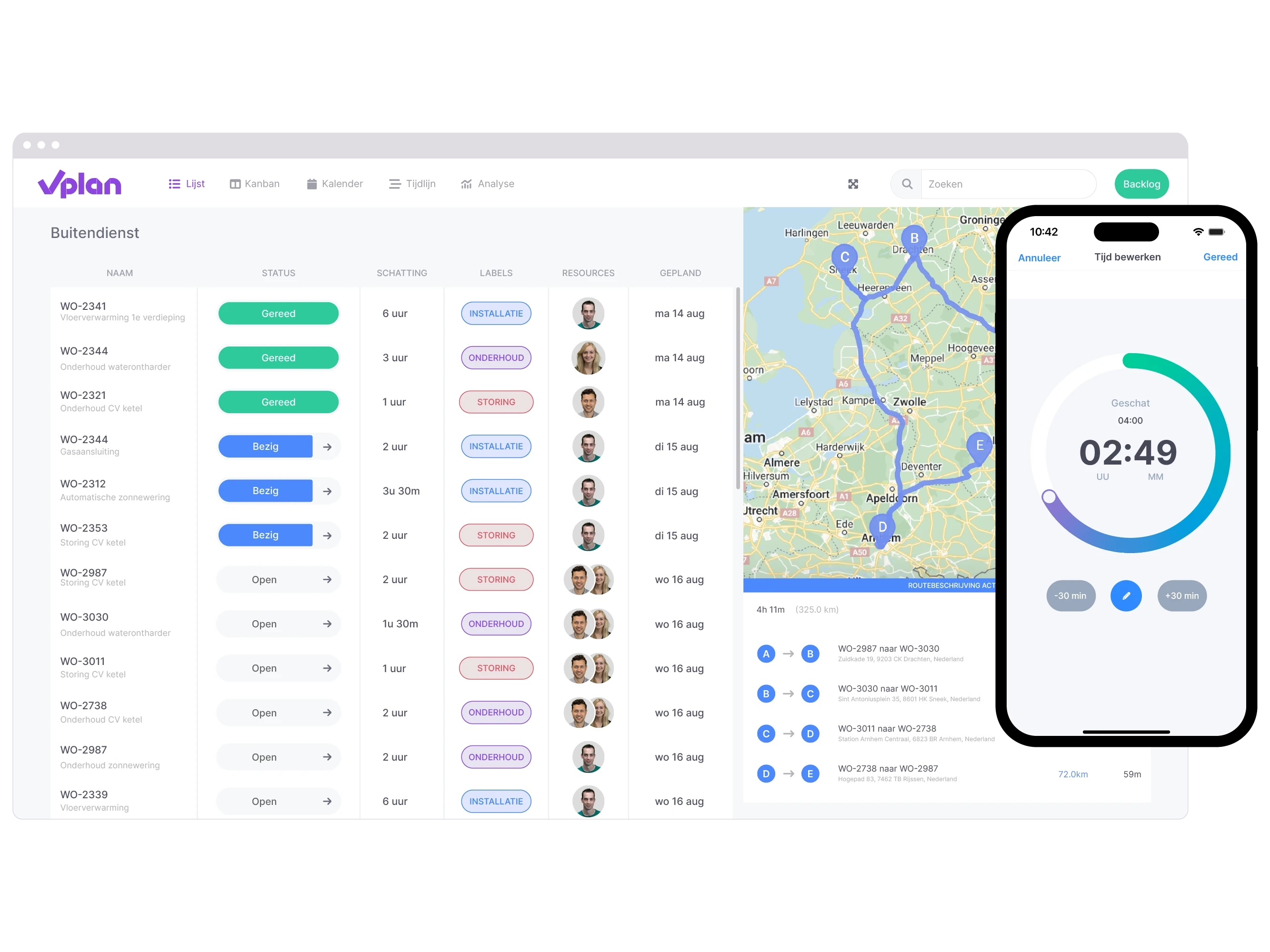 vPlan Uitvoer: Lijstweergave van vPlan die gebruikt wordt voor de buitendienst planning met daarbij de vPlan app op telefoon die handmatige tijdregistratie toont.