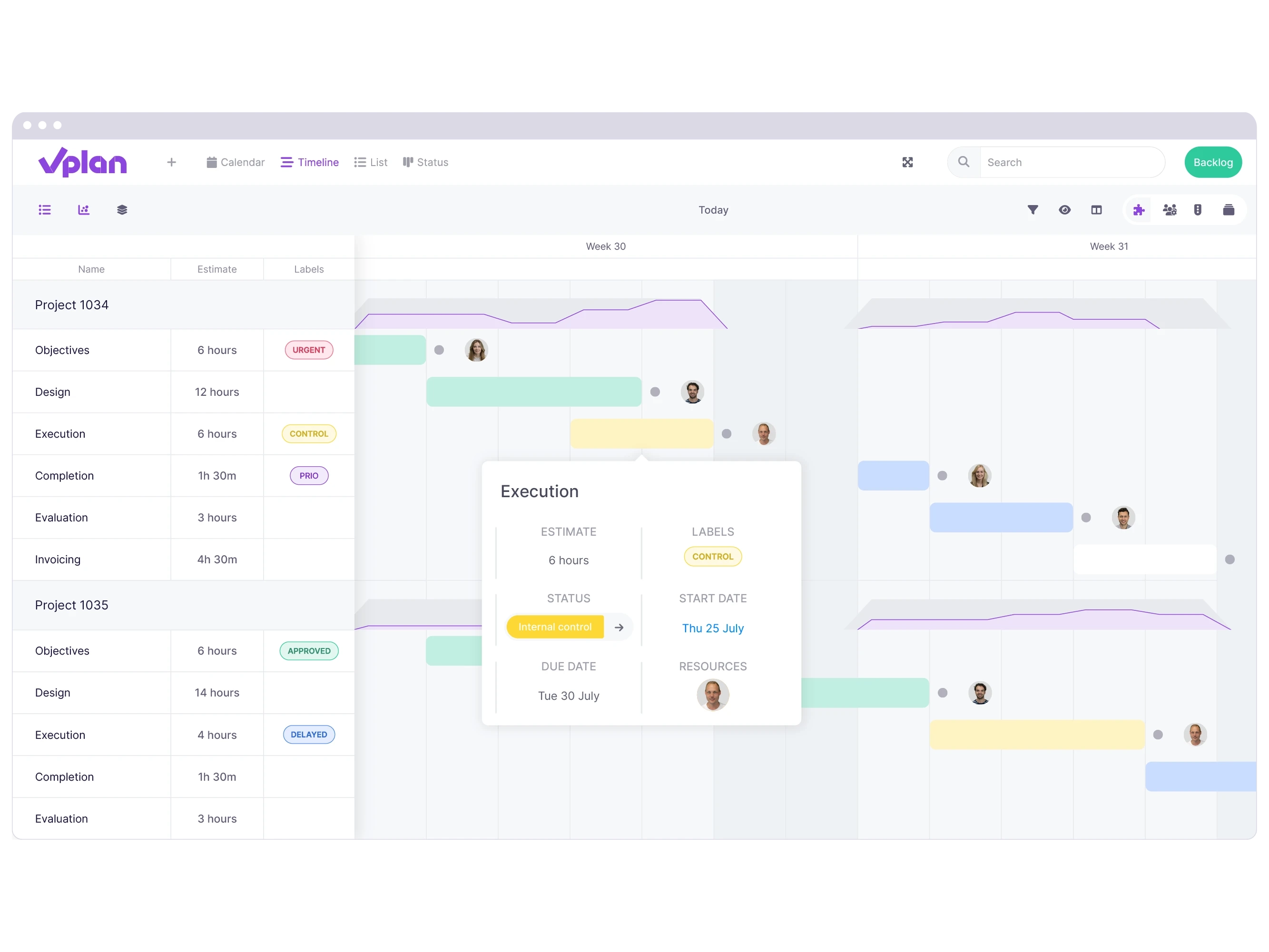 vPlan Track: A timeline view featuring vPlan tooltips, showing the action of changing a status.