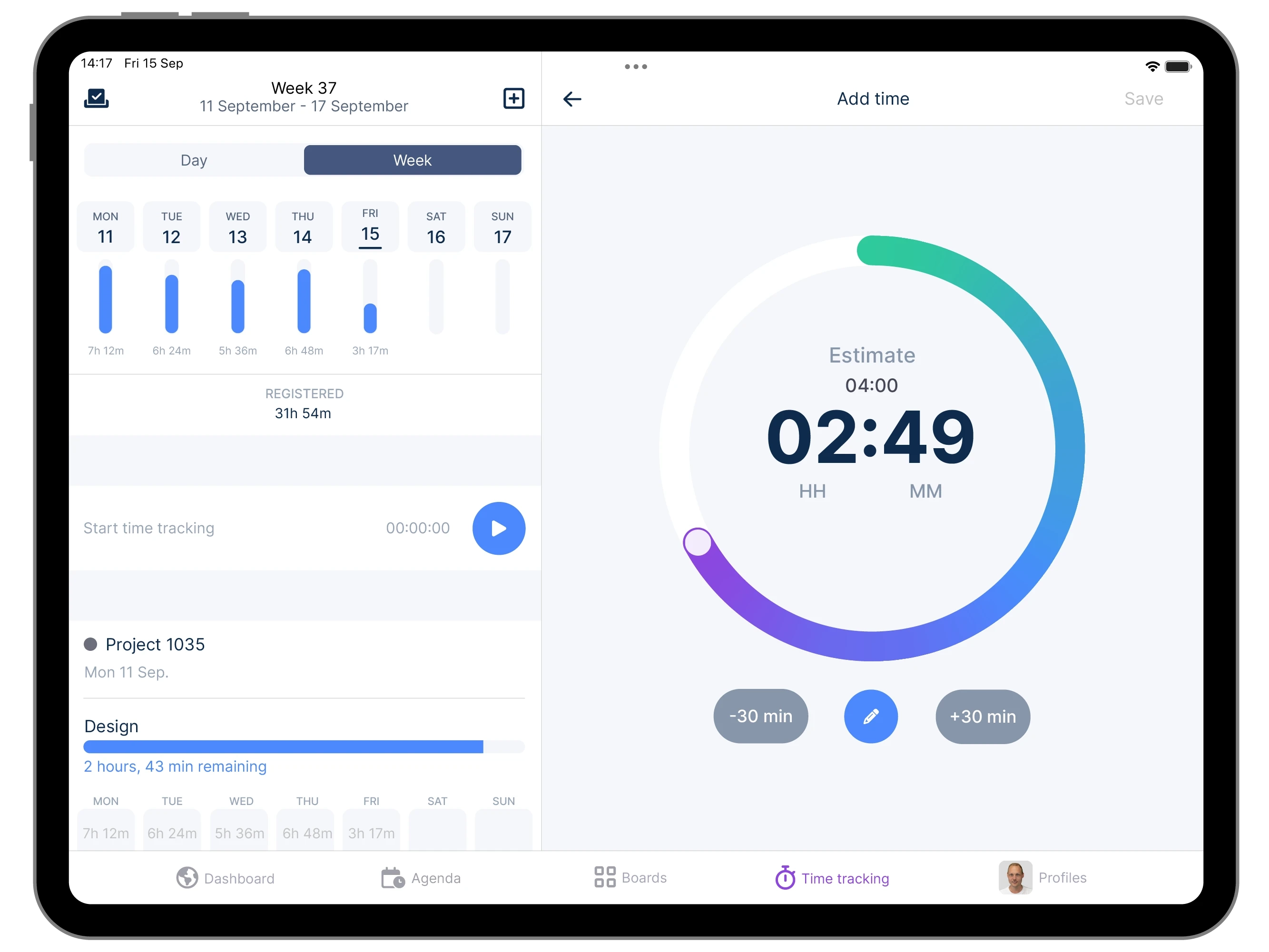 vPlan Track: A tablet displaying manual time tracking in the vPlan app.