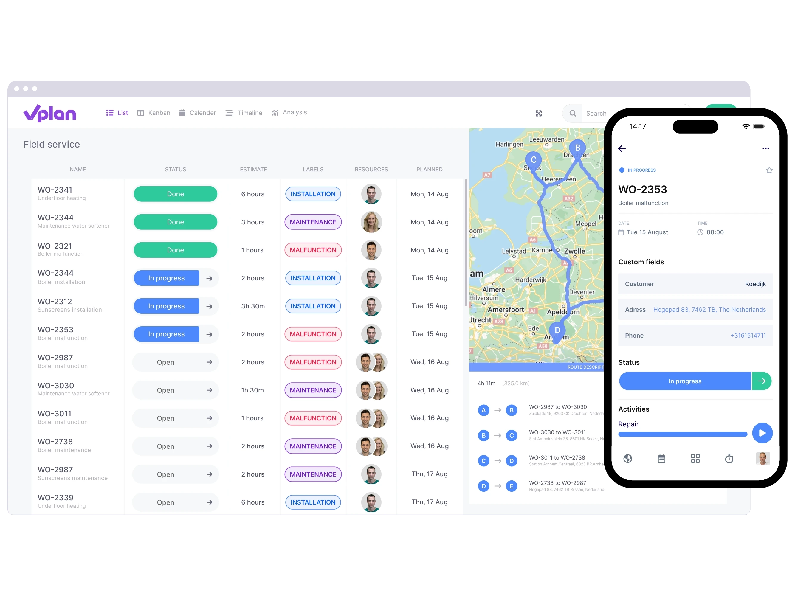 vPlan Track: A list view providing an overview of field service work orders, including route optimization. Additionally, a phone with an open card is displayed.