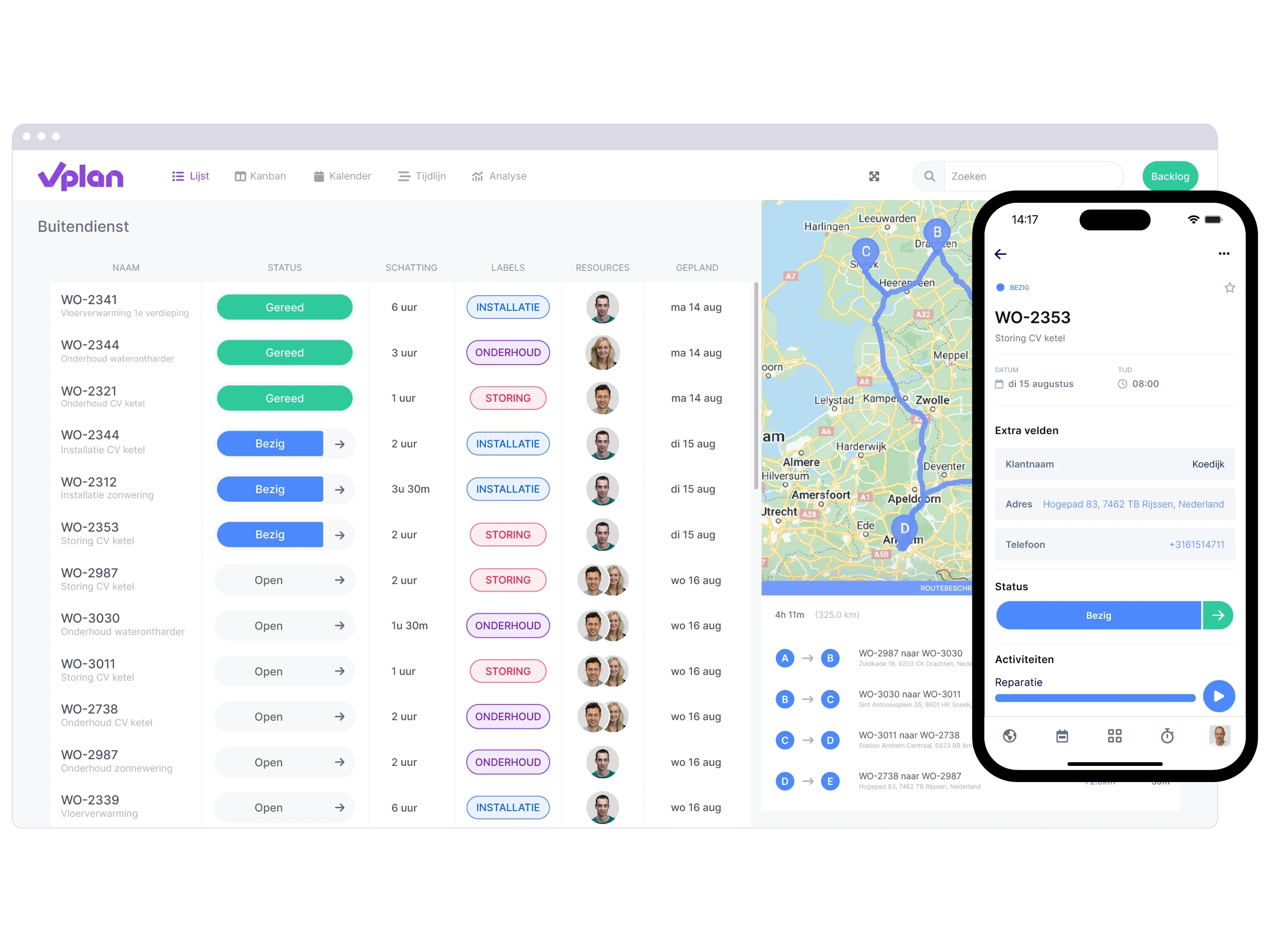 vPlan Uitvoer: Een lijstweergave die een overzicht geeft van werkorders voor de buitendienst met daarbij een route optmialisatie. Daarbij een telefoon met een geopend kaartje.