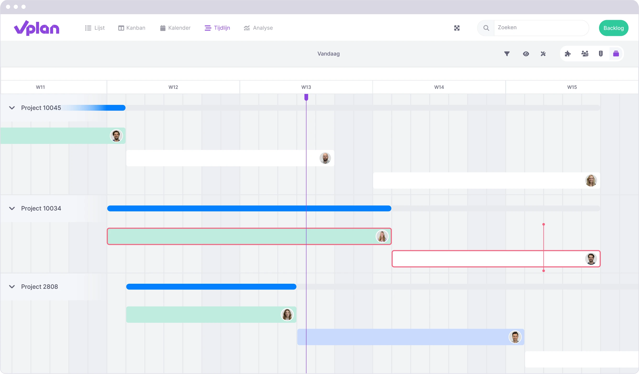 Project tijdlijn in vPlan, toont lopende projecten met voortgangsindicaties en toegewezen teamleden over meerdere weken.