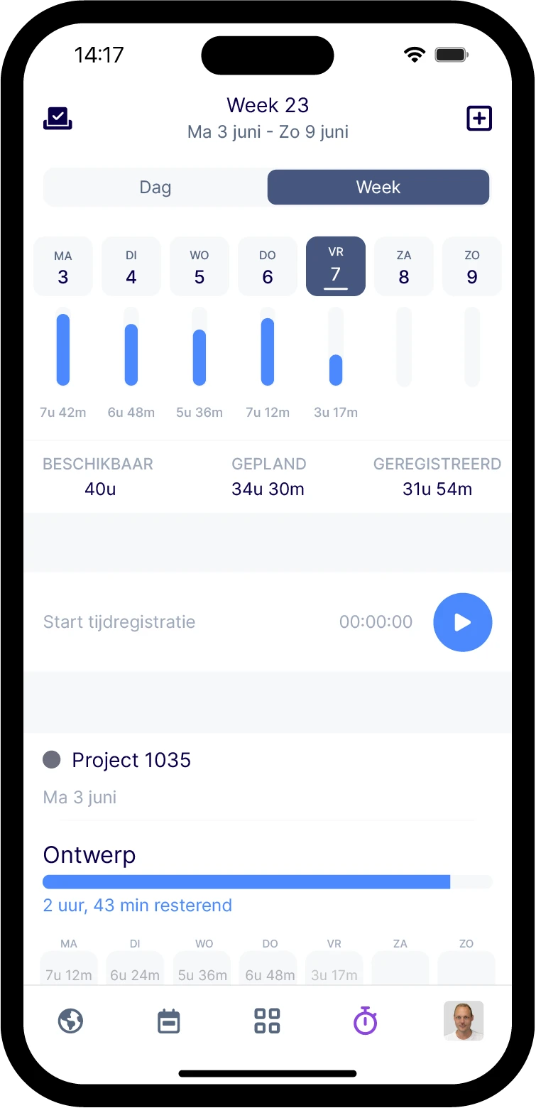 Tijdregistratie in de vPlan mobiele app, toont beschikbare uren, geplande uren en geregistreerde tijd per dag voor week 23.