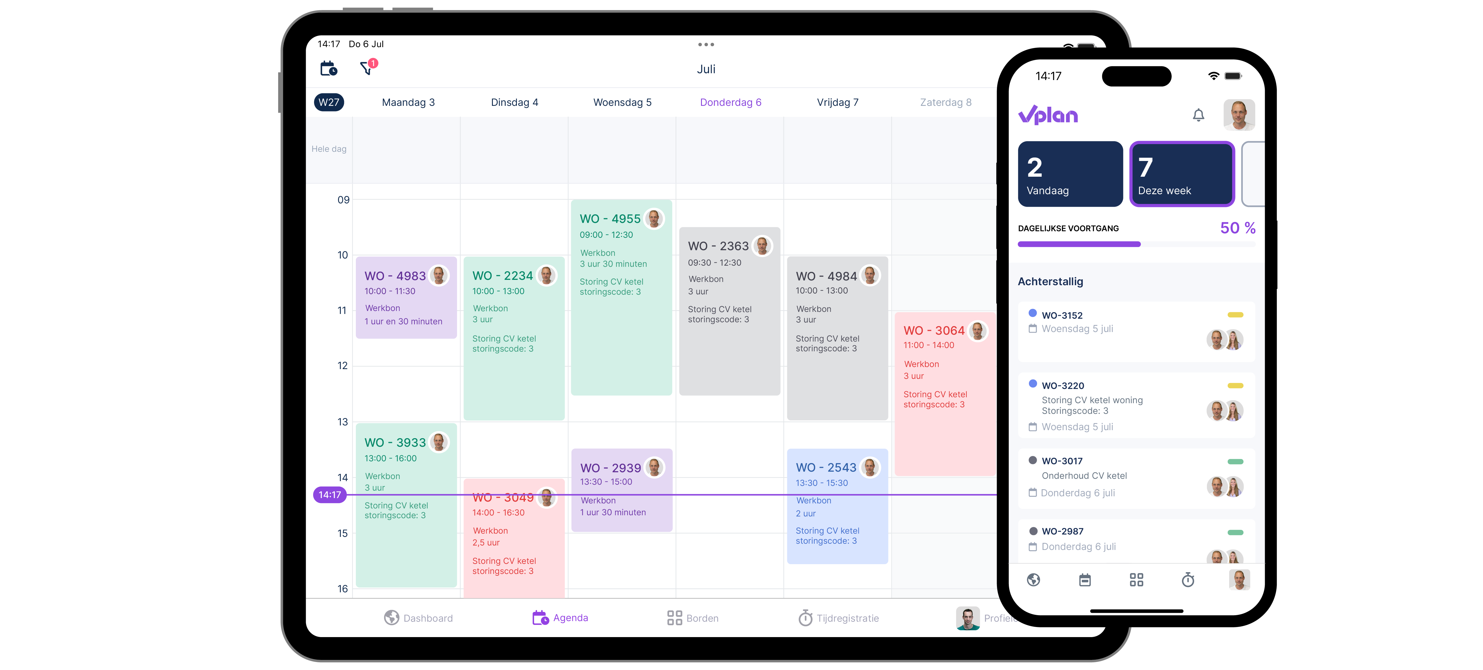 vPlan-App: De agenda weergave getoond op een tablet met daarbij het dashboard van de vPlan-app op een telefoon.