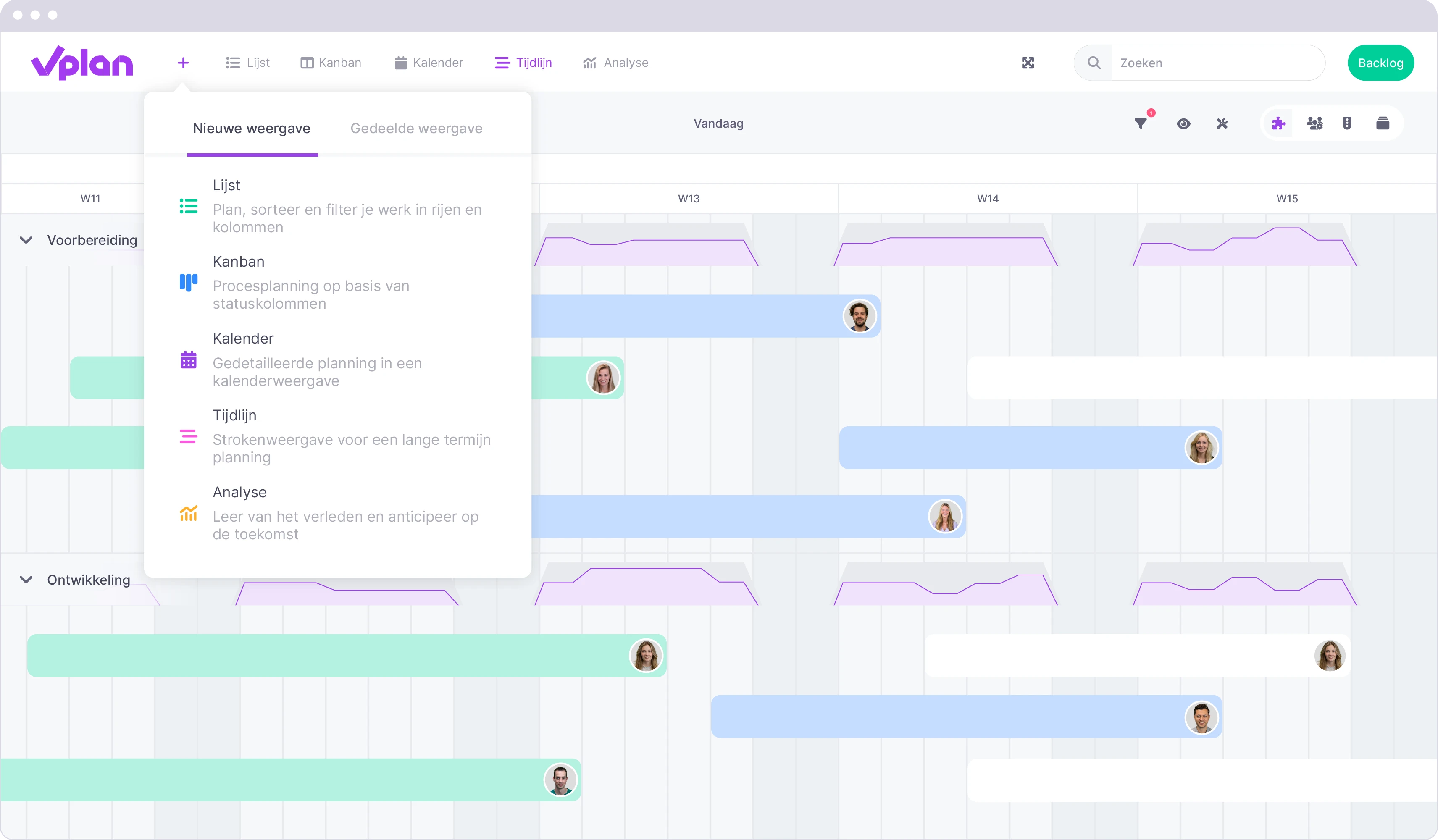 Dropdownmenu in vPlan met weergaveopties zoals lijst, Kanban, kalender, tijdlijn en analyse.