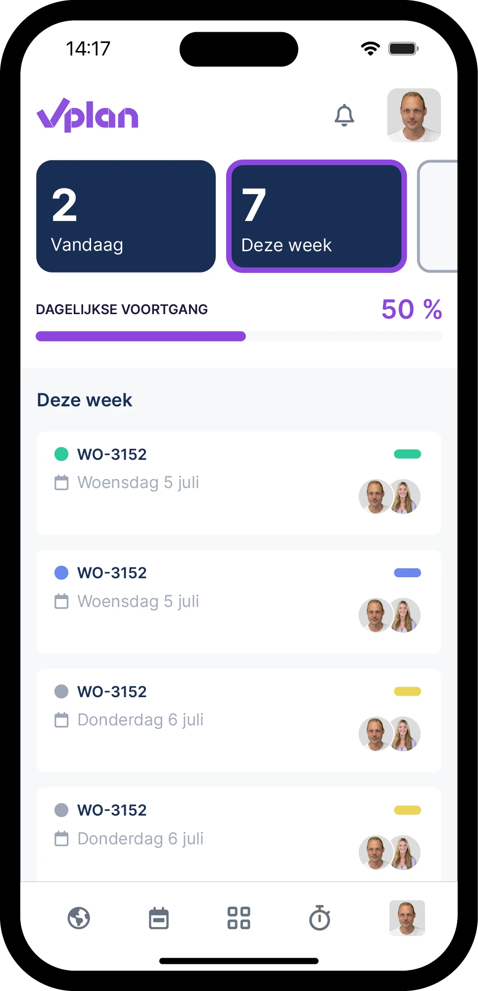 Dagelijkse voortgangsweergave in de vPlan mobiele app, met een overzicht van geplande taken en voltooiingspercentages.