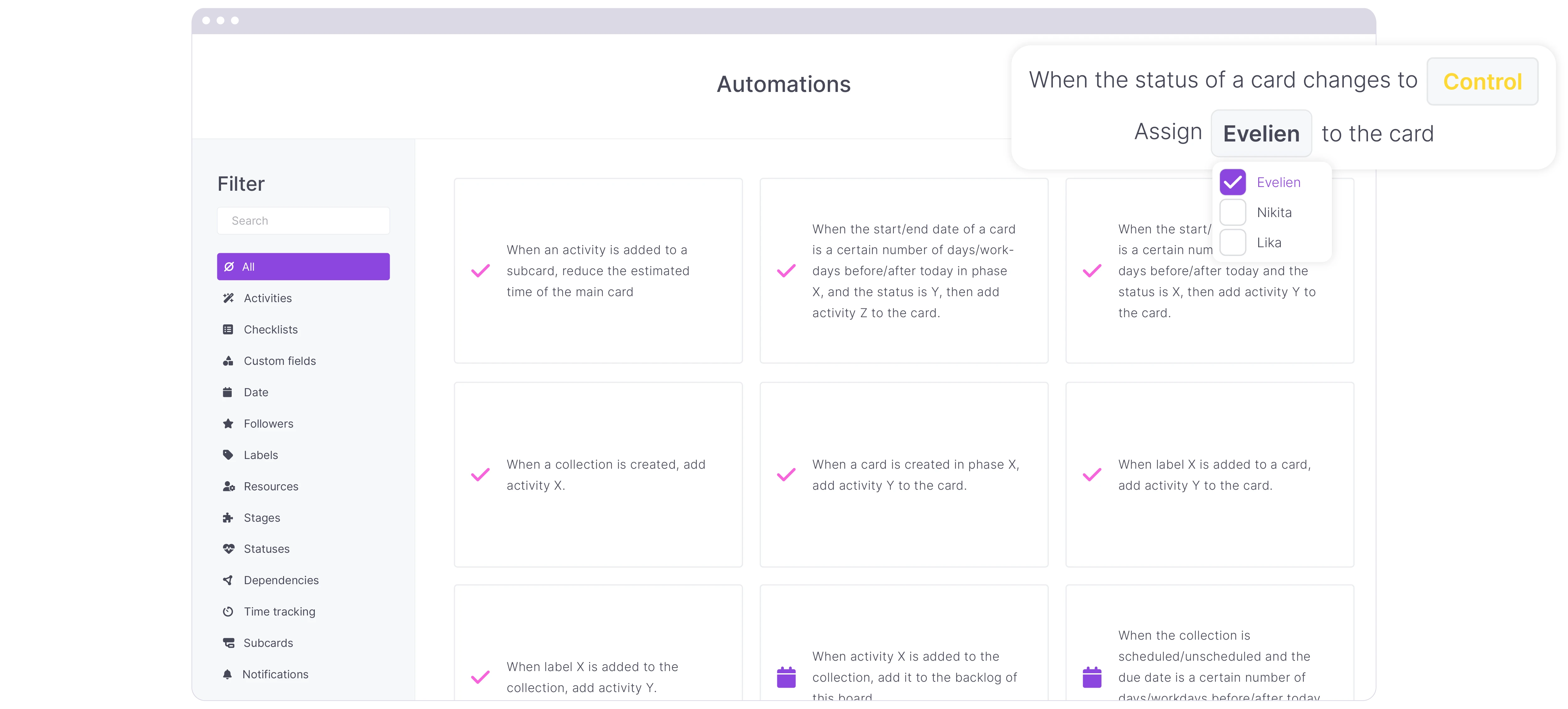 vPlan Automation: A display of automations in vPlan, including a separate element demonstrating the automation of assigning a staff member.