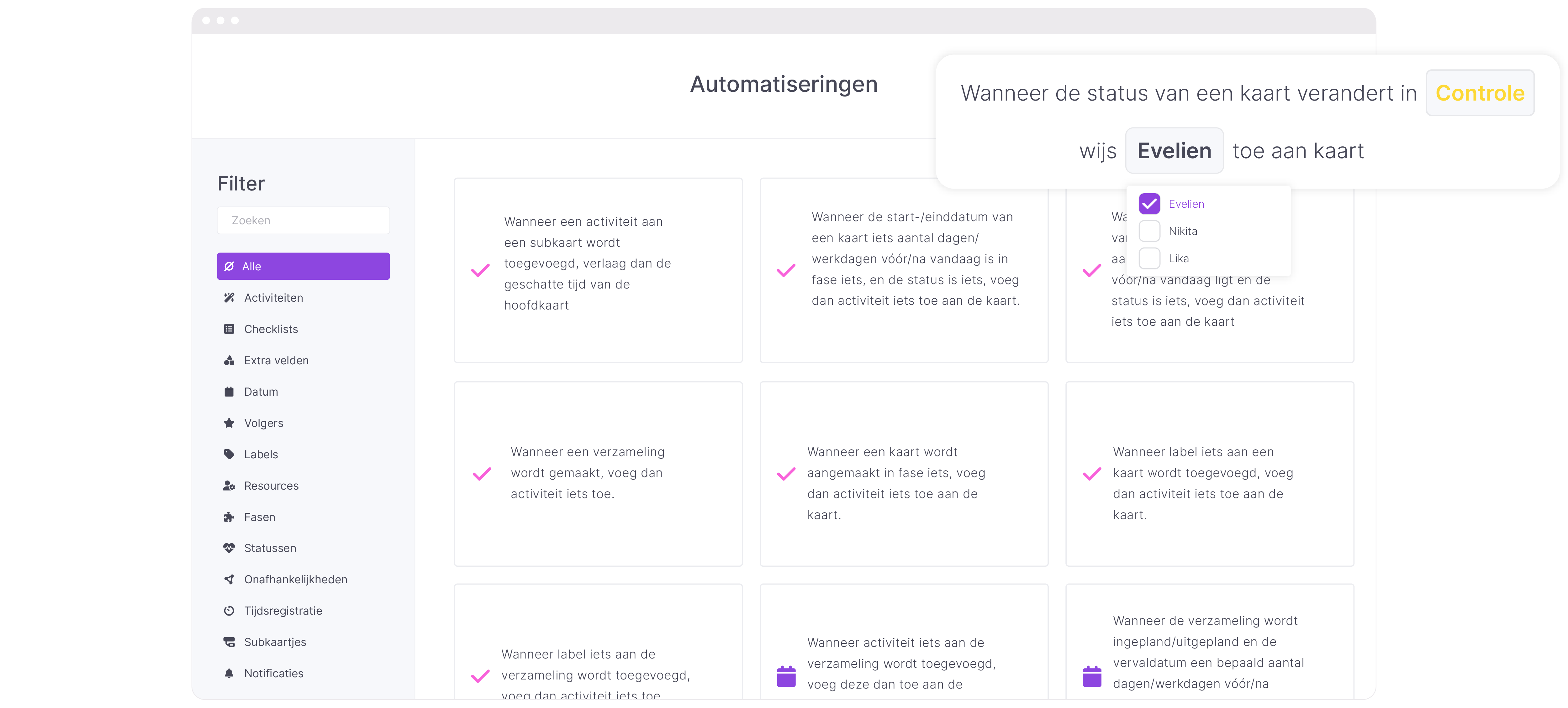 vPlan Automatisering: Een weergave van automatiseringen in vPlan met daarbij een los element wat een automatisering van het toewijzen van een medewerker toont.