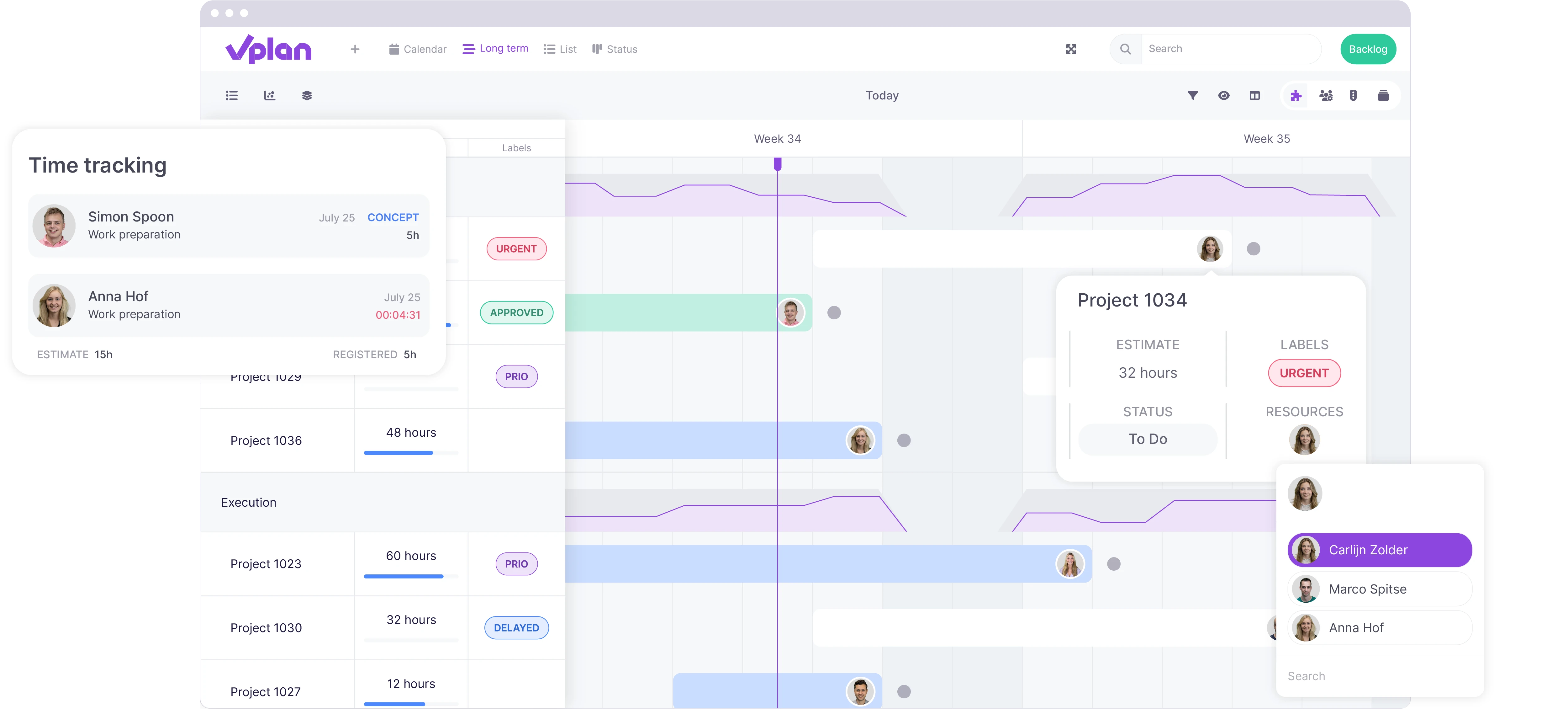 vPlan Capacity: Timeline view of vPlan with a time registration element and tooltips within the timeline view.