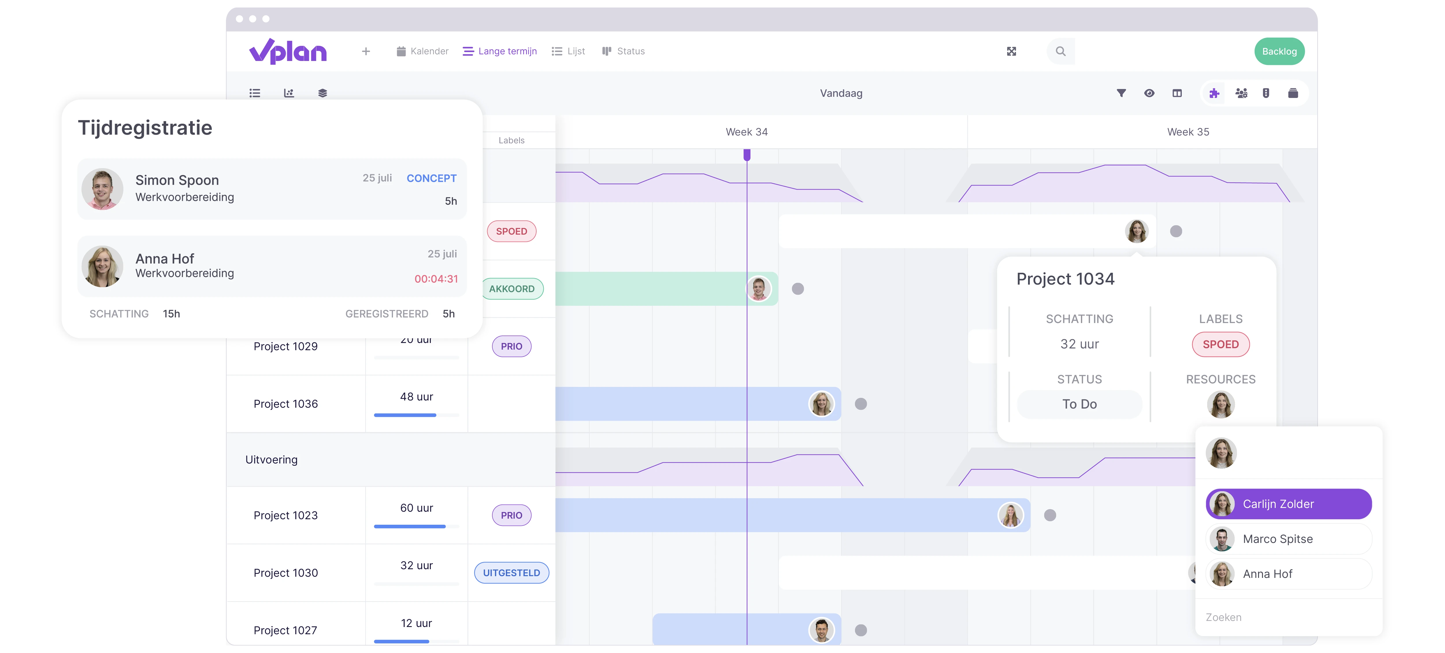 vPlan Capaciteit: Tijdlijnweergave van vPlan met een tijdregistratie-element en tooltips binnen de tijdlijnweergave.