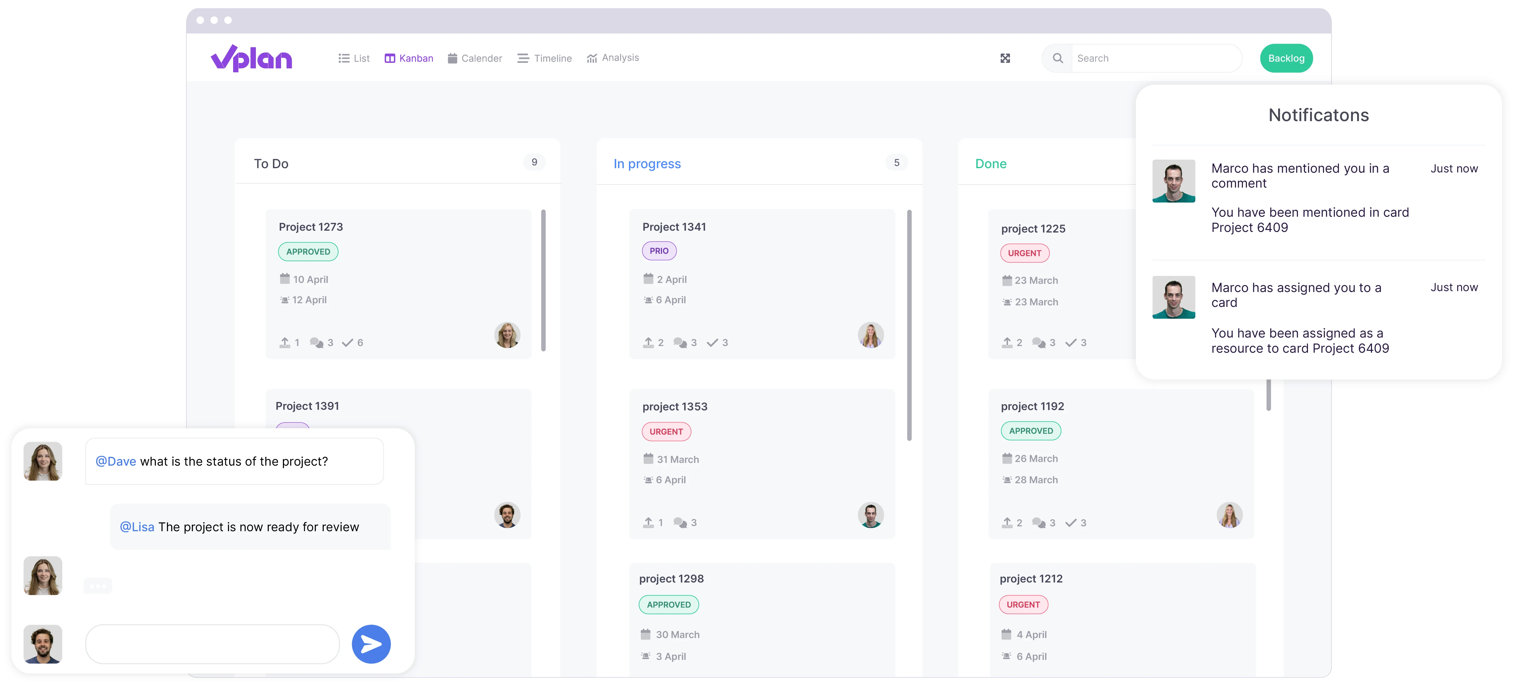 vPlan Collaboration: A kanban view in vPlan with a communication element and a notification element.