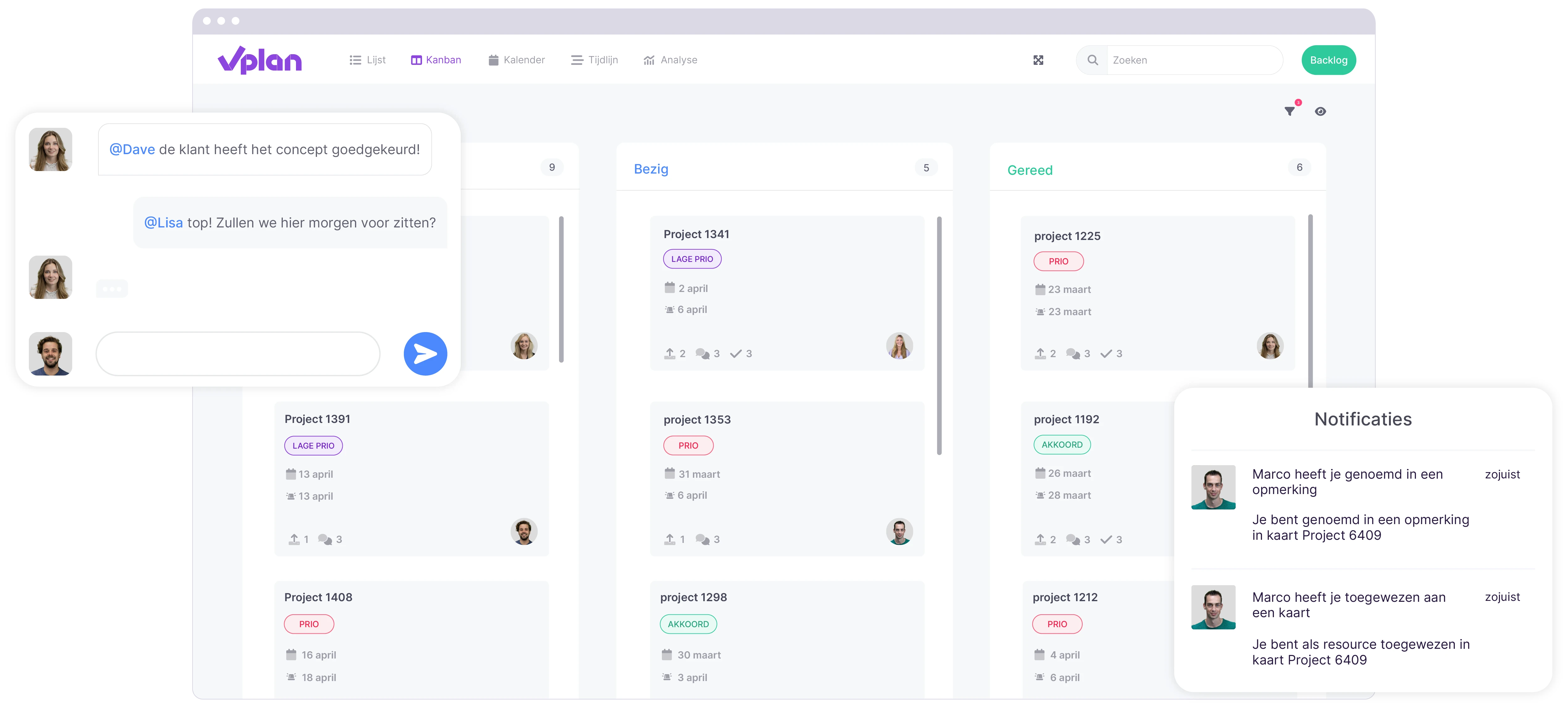 vPlan Samenwerken: Een Kanban-weergave in vPlan met een communicatie-element en een notificatie-element.