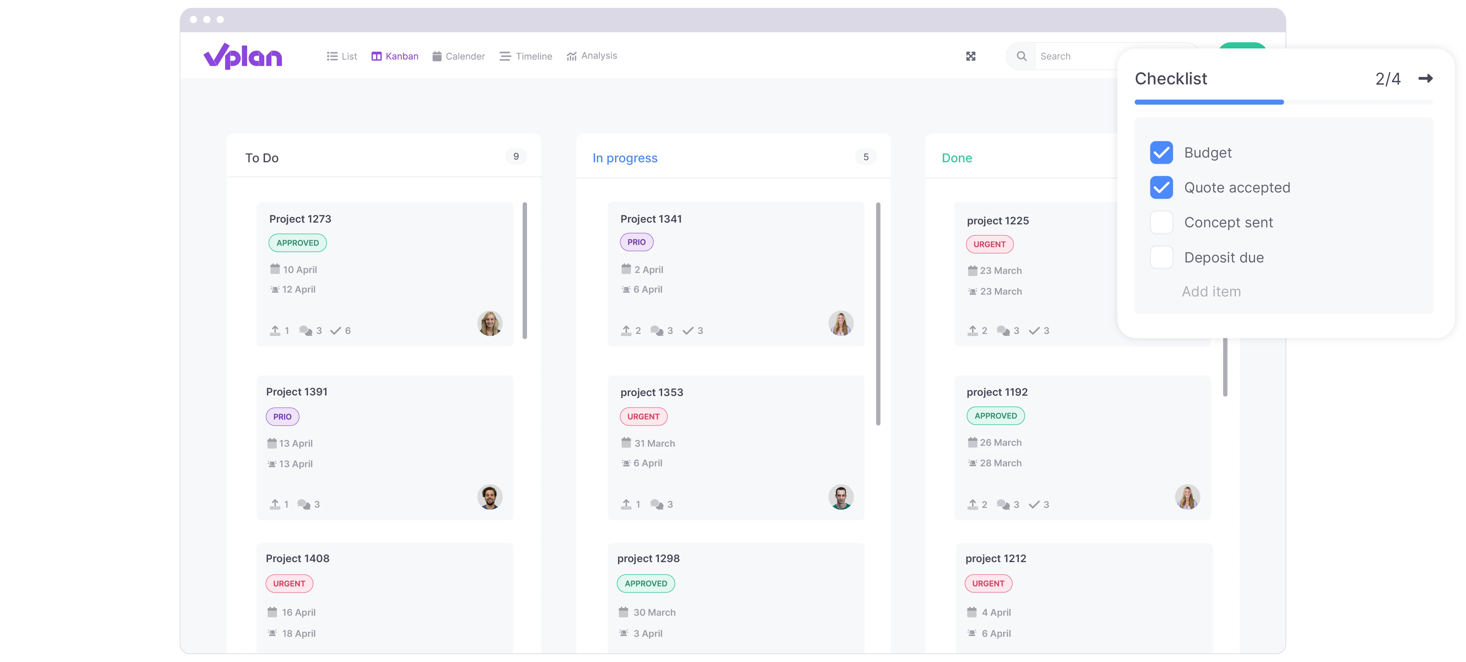 vPlan Kanban: A kanban view displaying projects by status, along with a checklist element.