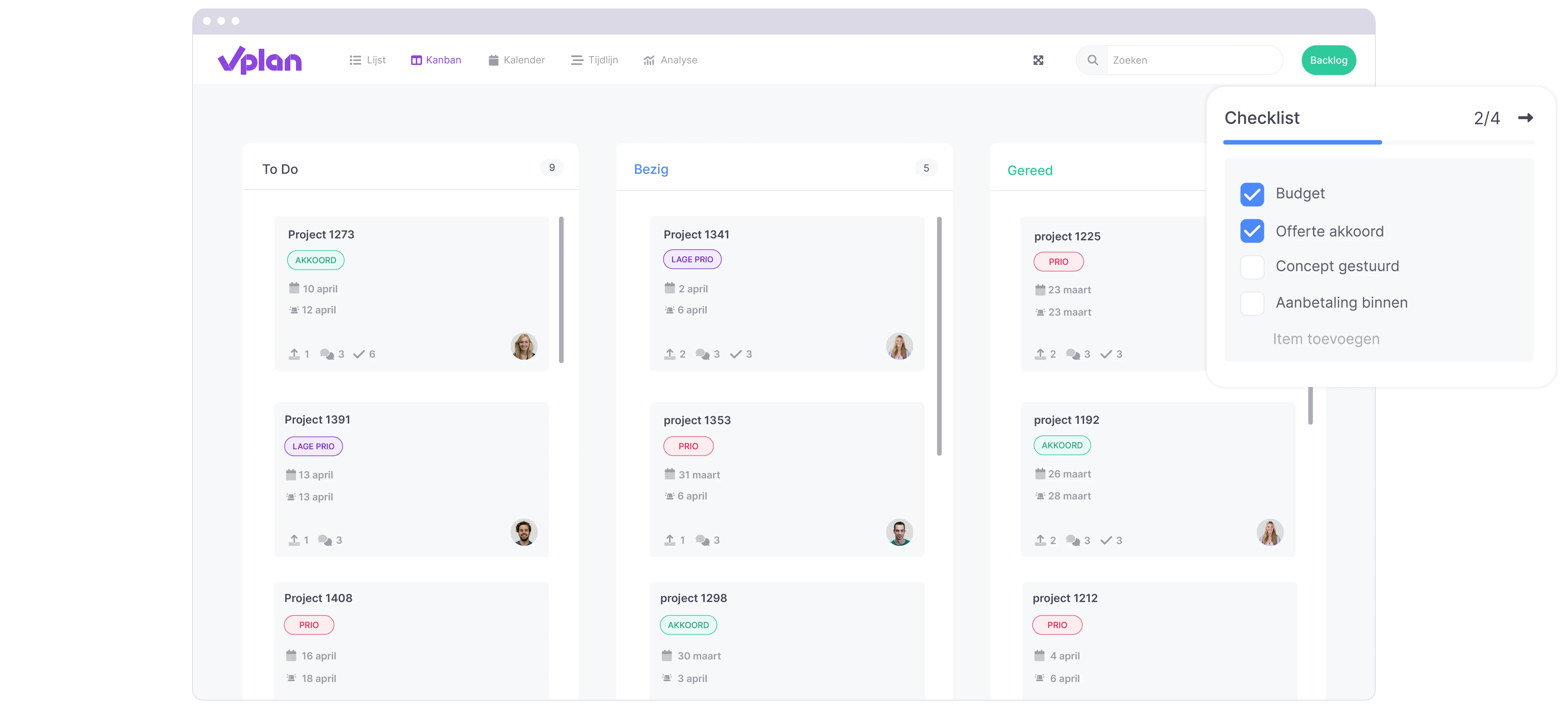 vPlan Kanban: Een Kanban-weergave met projecten, gefilterd op status, met een checklist-element.