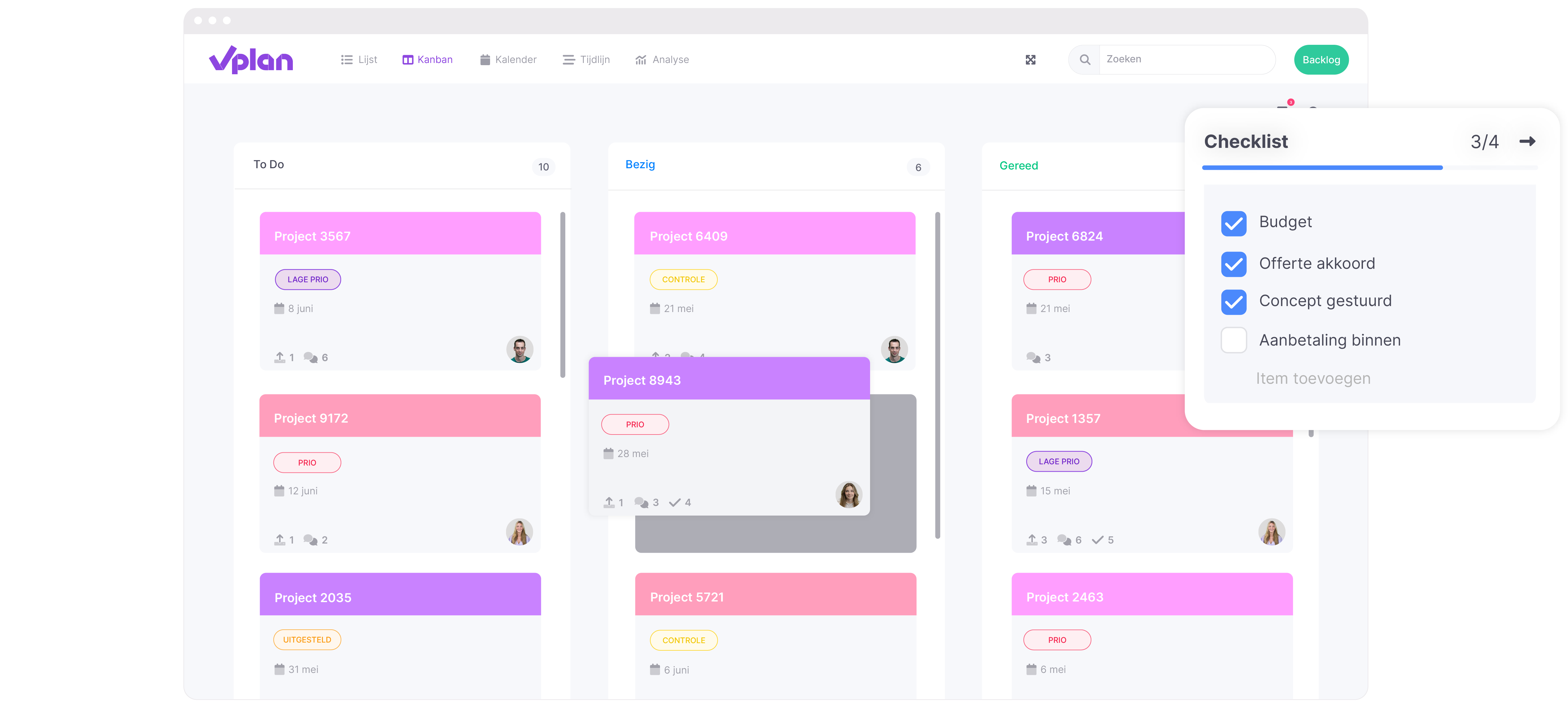 vPlan Kanban: Een kanban weergave met projecten getoond op status. Daarbij een checklist element.