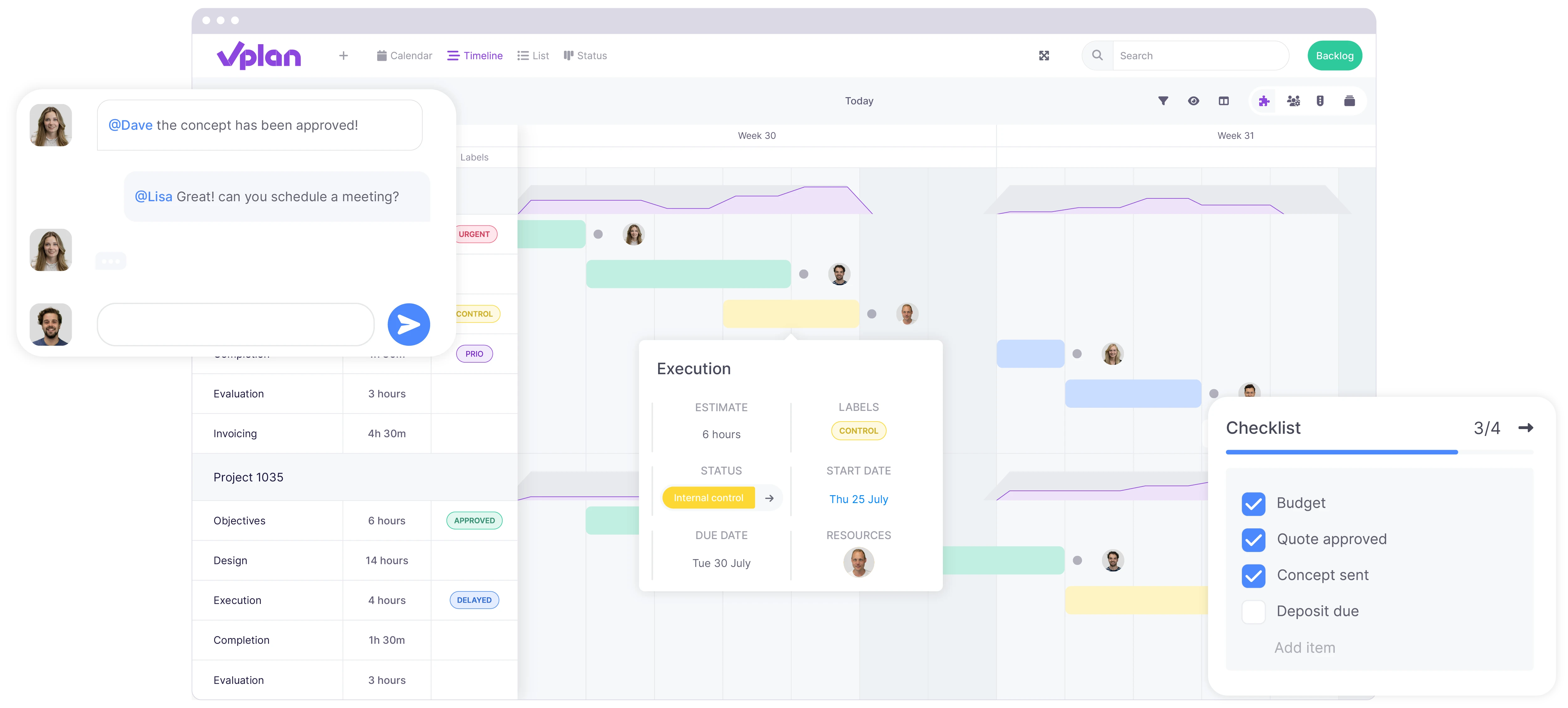 vPlan Timeline: A timeline view of vPlan with a communication element and a checklist.