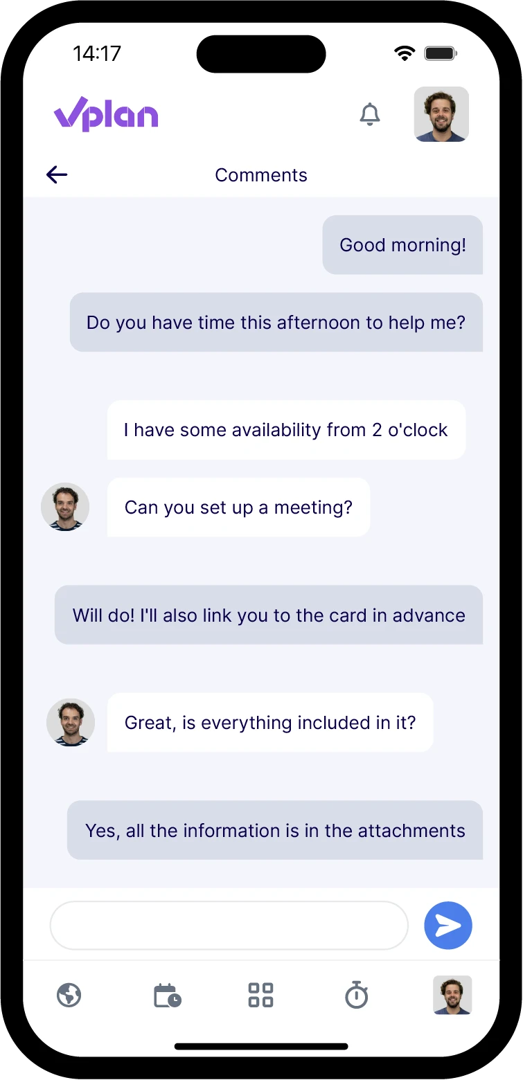 Chat window in the vPlan mobile app with team members collaborating on a work order and coordinating tasks.