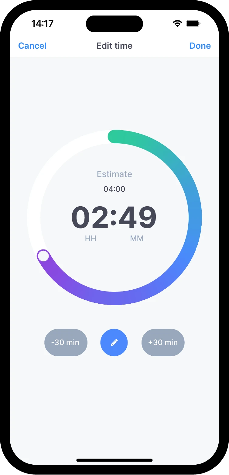 Mobile interface of vPlan with manual time tracking showing estimated duration, remaining time, and options to easily adjust time.