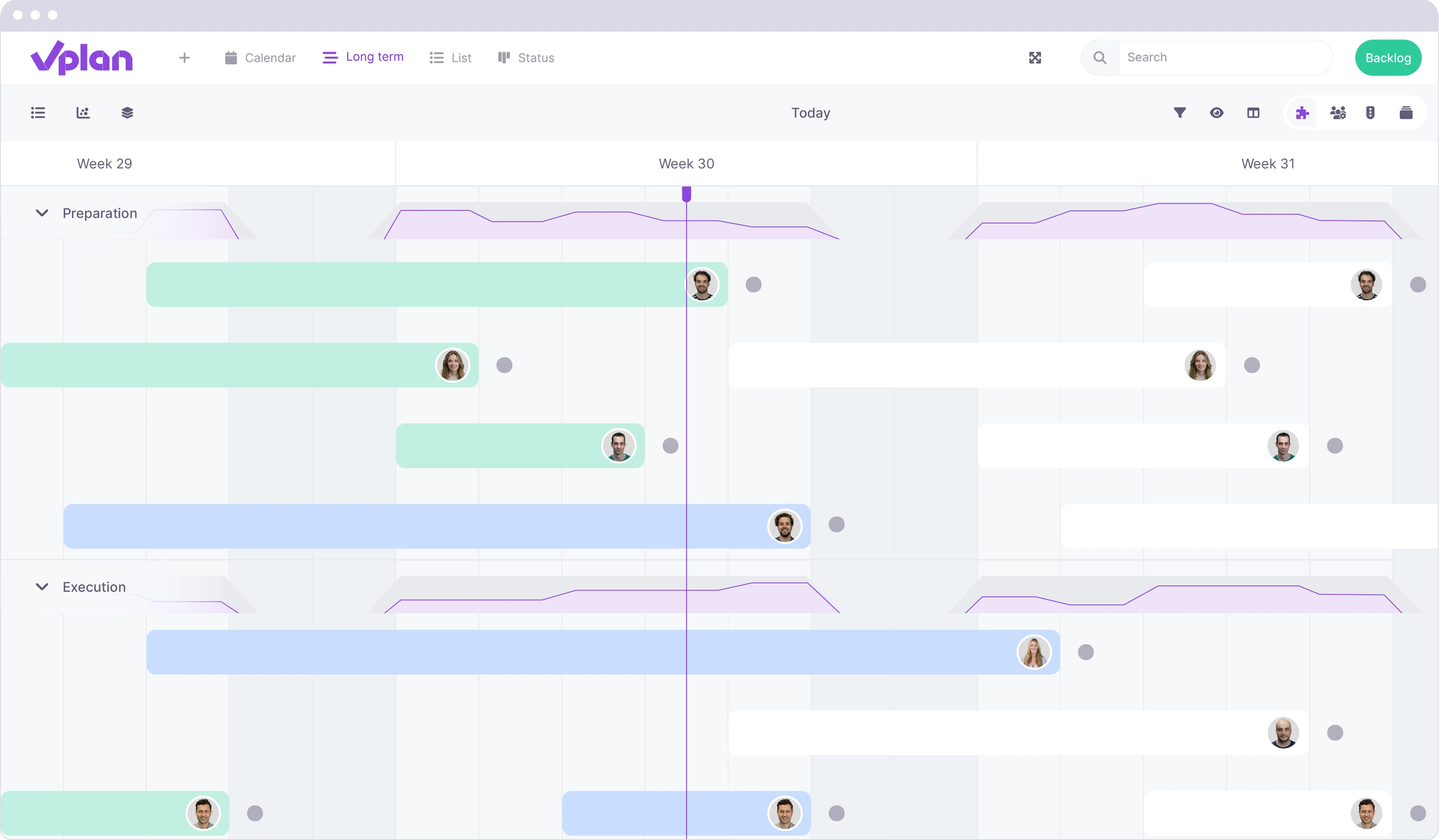 Long-term planning in vPlan, showing project phases like Preparation and Execution, with assigned team members and progress indicators.