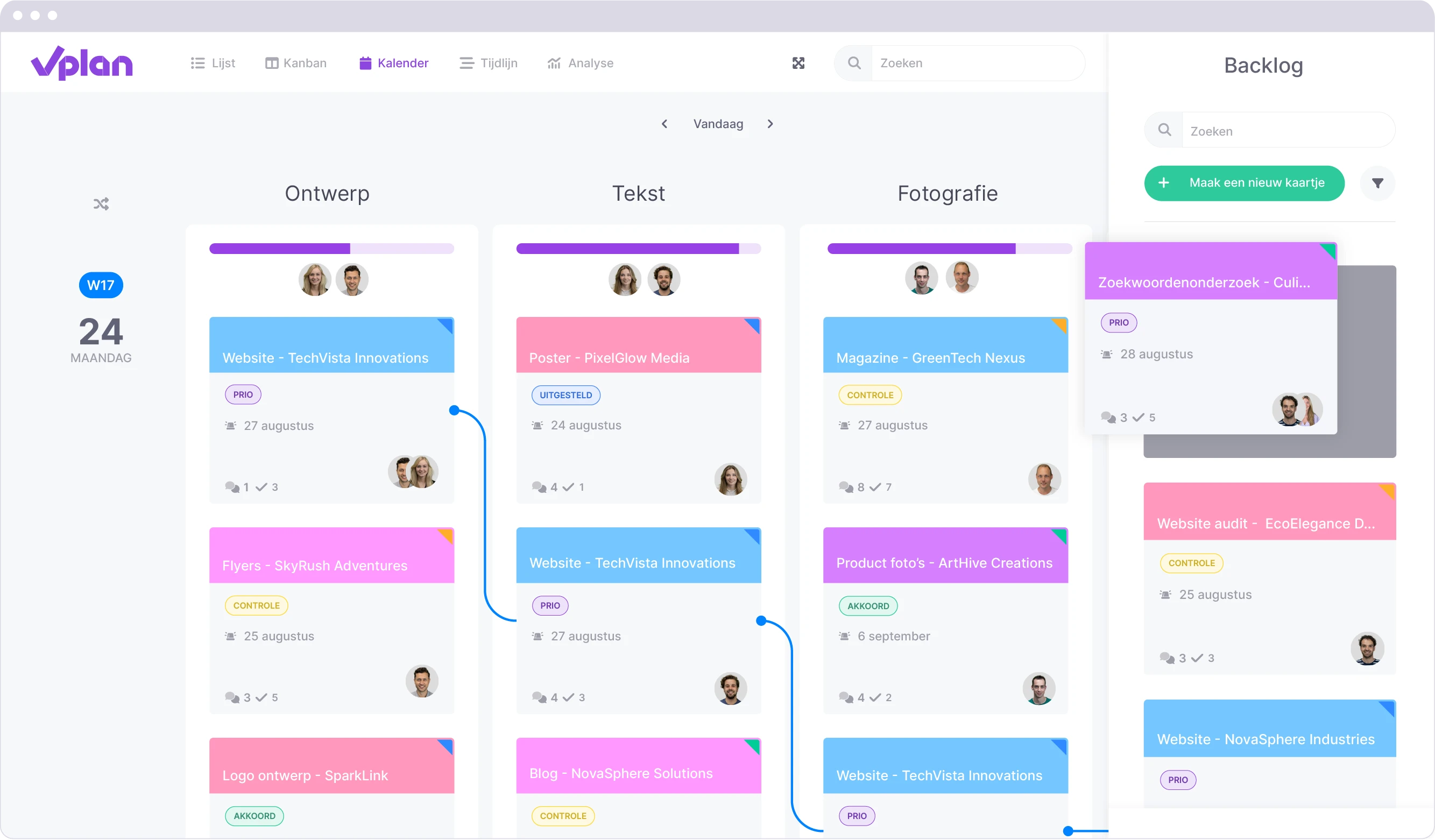 Kanban weergave in vPlan toont verschillende fasen. In de backlog worden taken automatisch toegevoegd via een integratie.